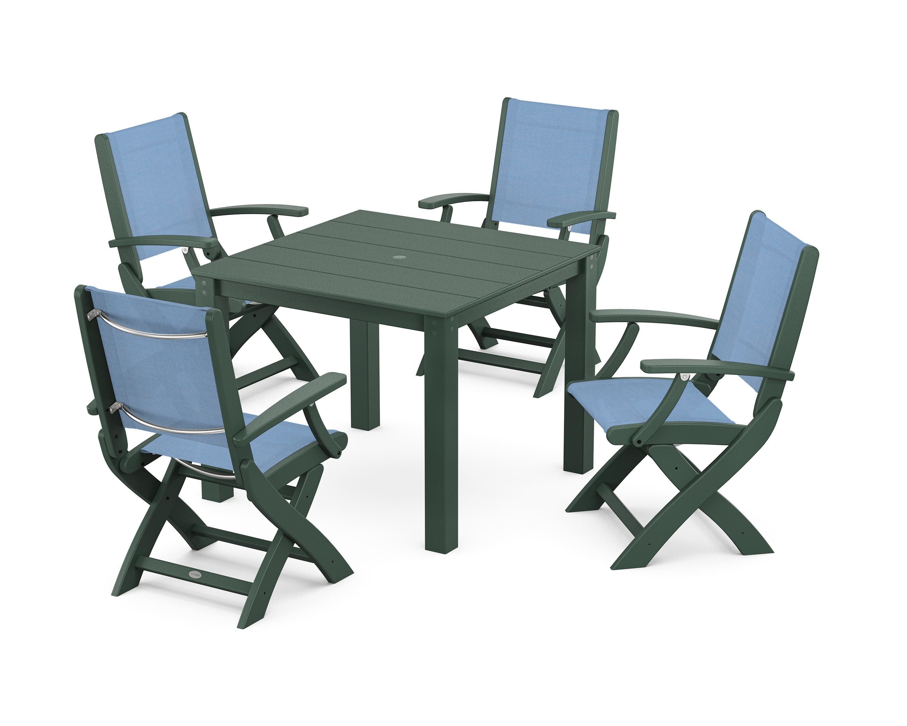 Coastal Folding Chair 5-Piece Parsons Dining Set in Green / Poolside Sling