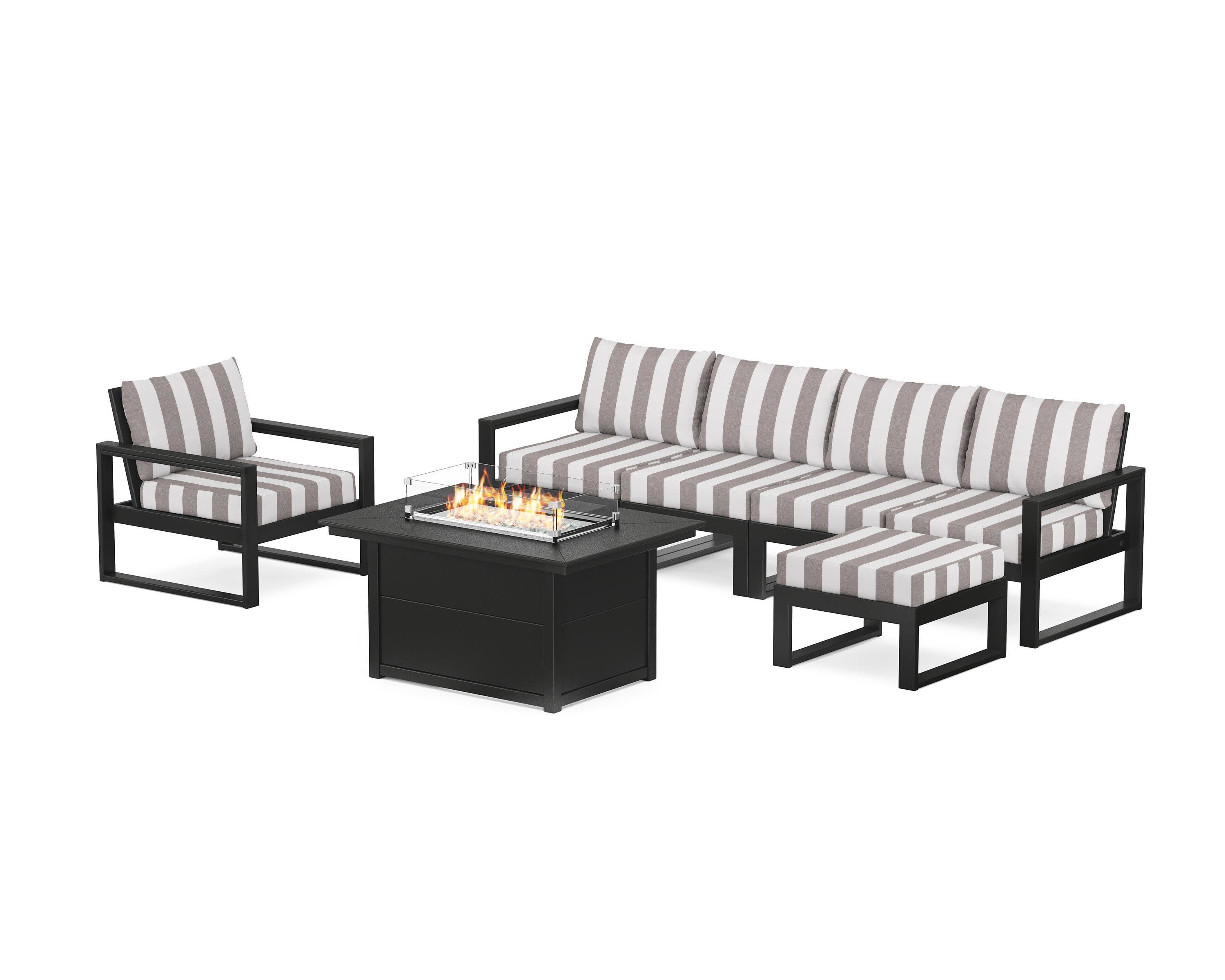 EDGE Sectional Lounge and Fire Pit Set in Black / Cabana Stripe Grey Mist
