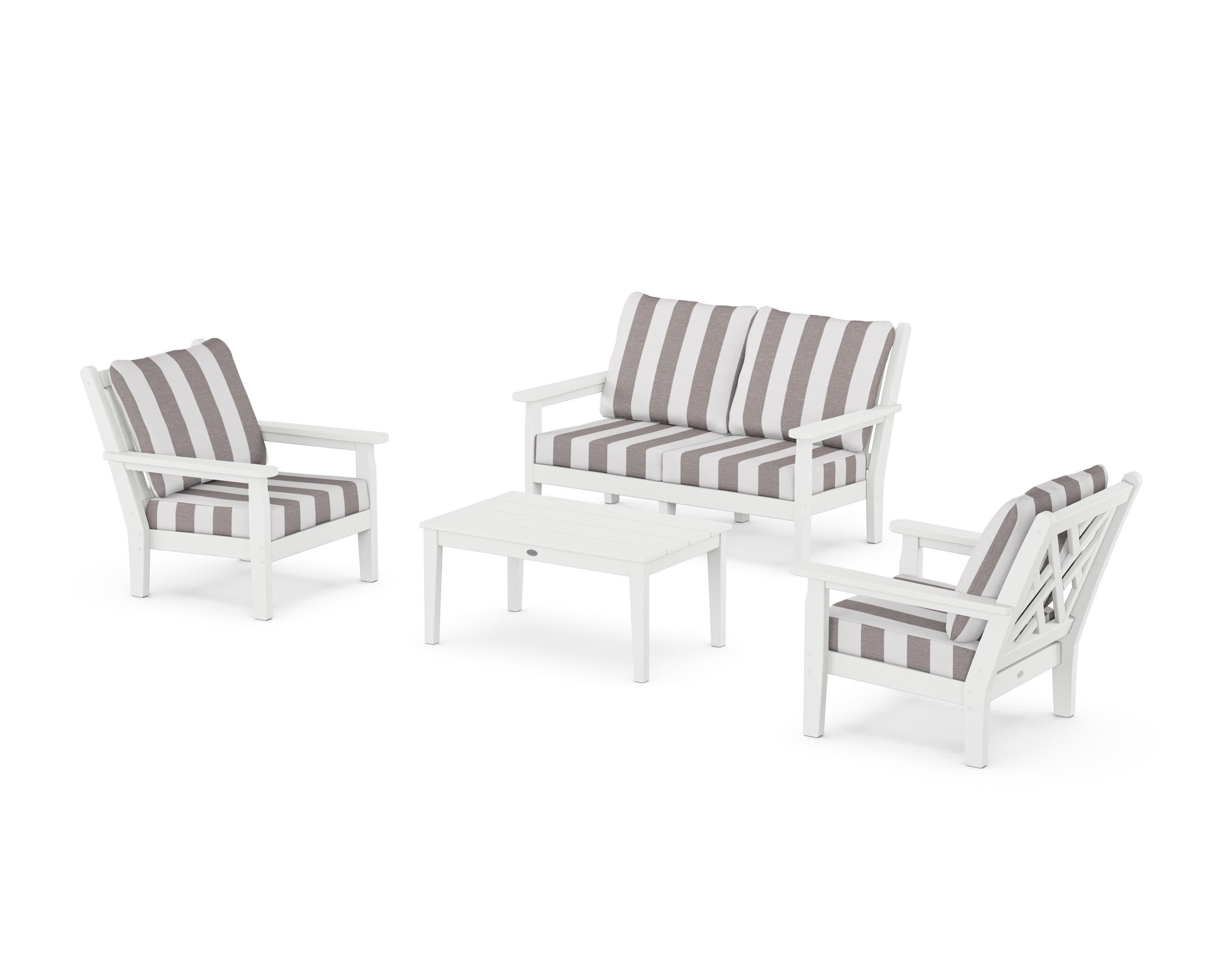 Chippendale 4-Piece Deep Seating Set with Loveseat in White / Cabana Stripe Grey Mist