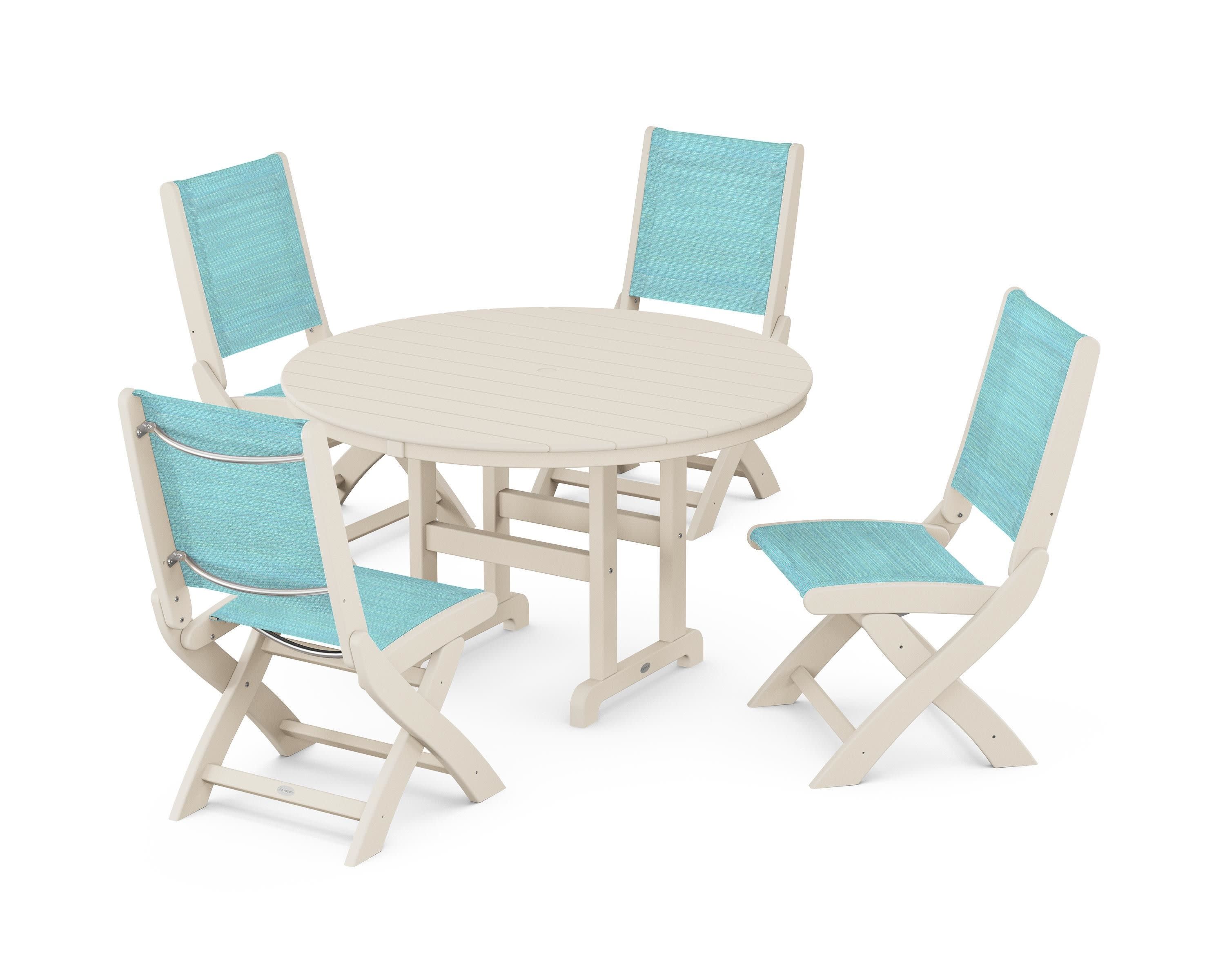Coastal Folding Side Chair 5-Piece Round Dining Set in Sand / Dupioni Aquamarine Sling