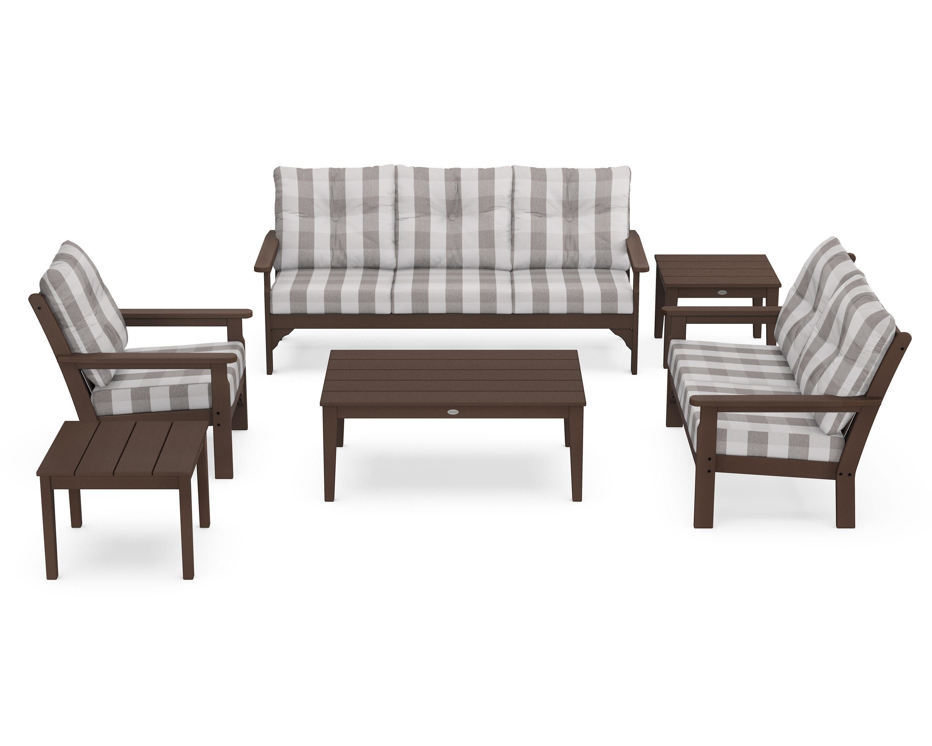 Vineyard 6-Piece Deep Seating Set in Mahogany / Buffalo Plaid Grey Mist
