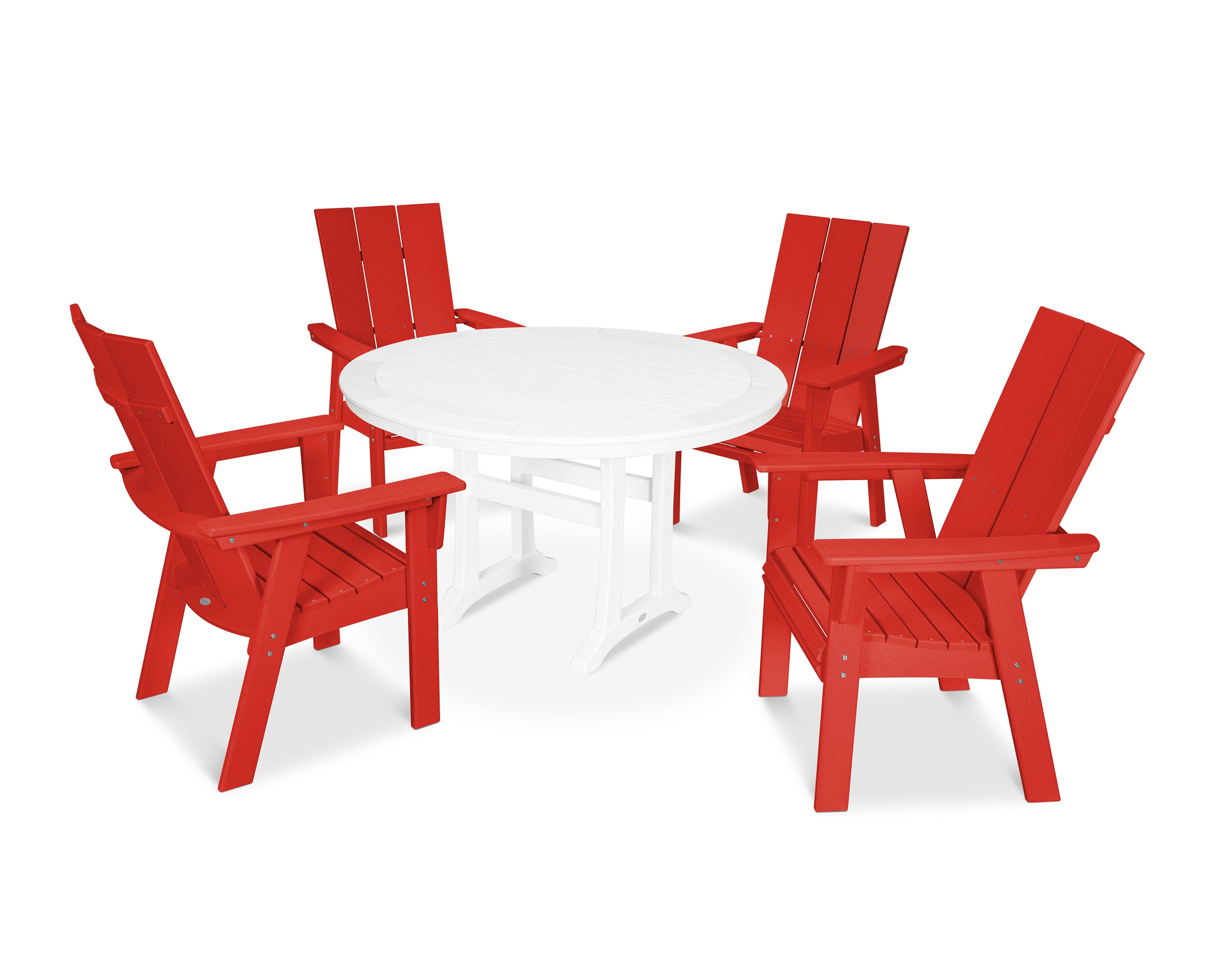 Modern Curveback Adirondack 5-Piece Nautical Trestle Dining Set in Sunset Red / White