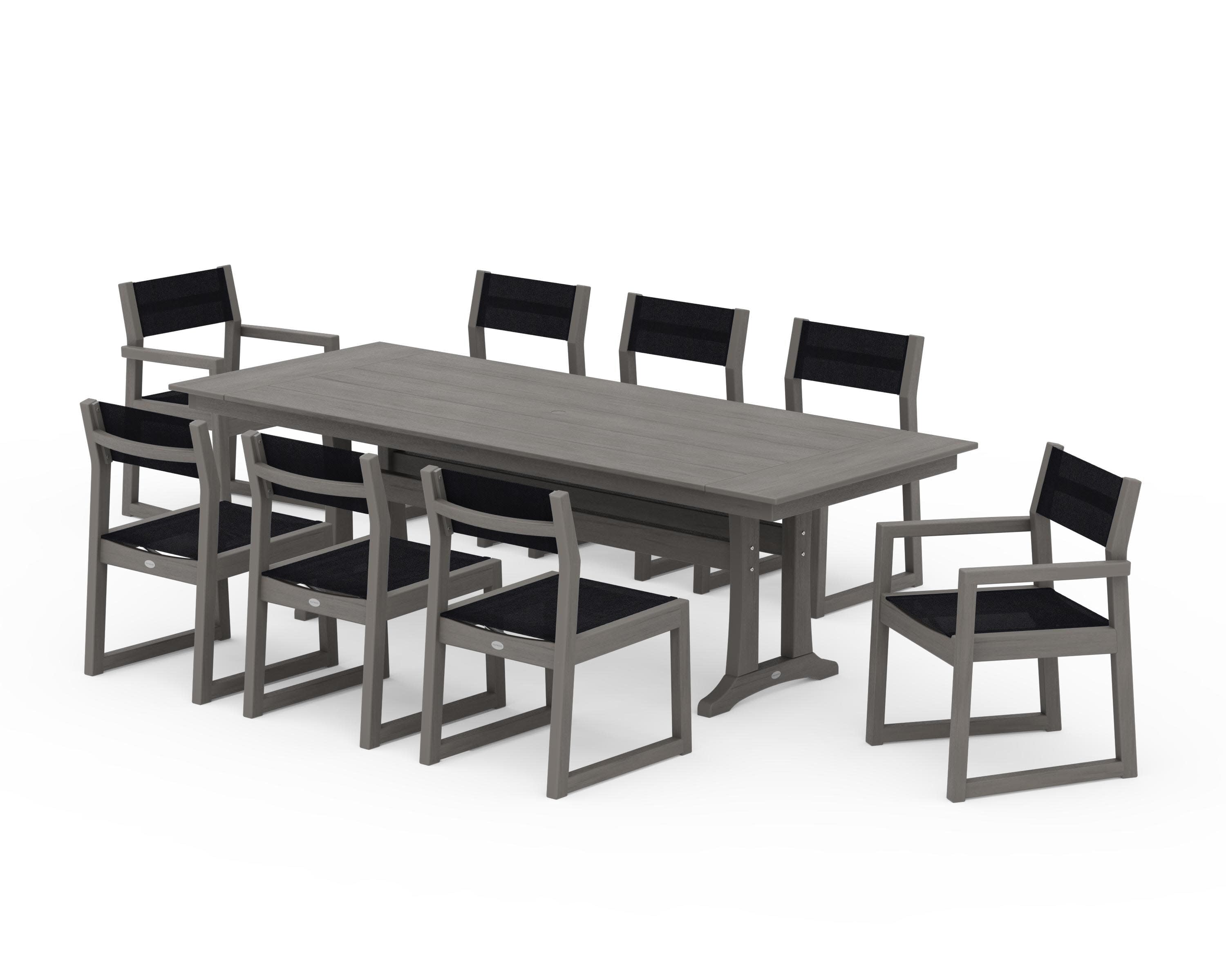 EDGE Sling 9-Piece Farmhouse Trestle Dining Set in Driftwood / Black Sling