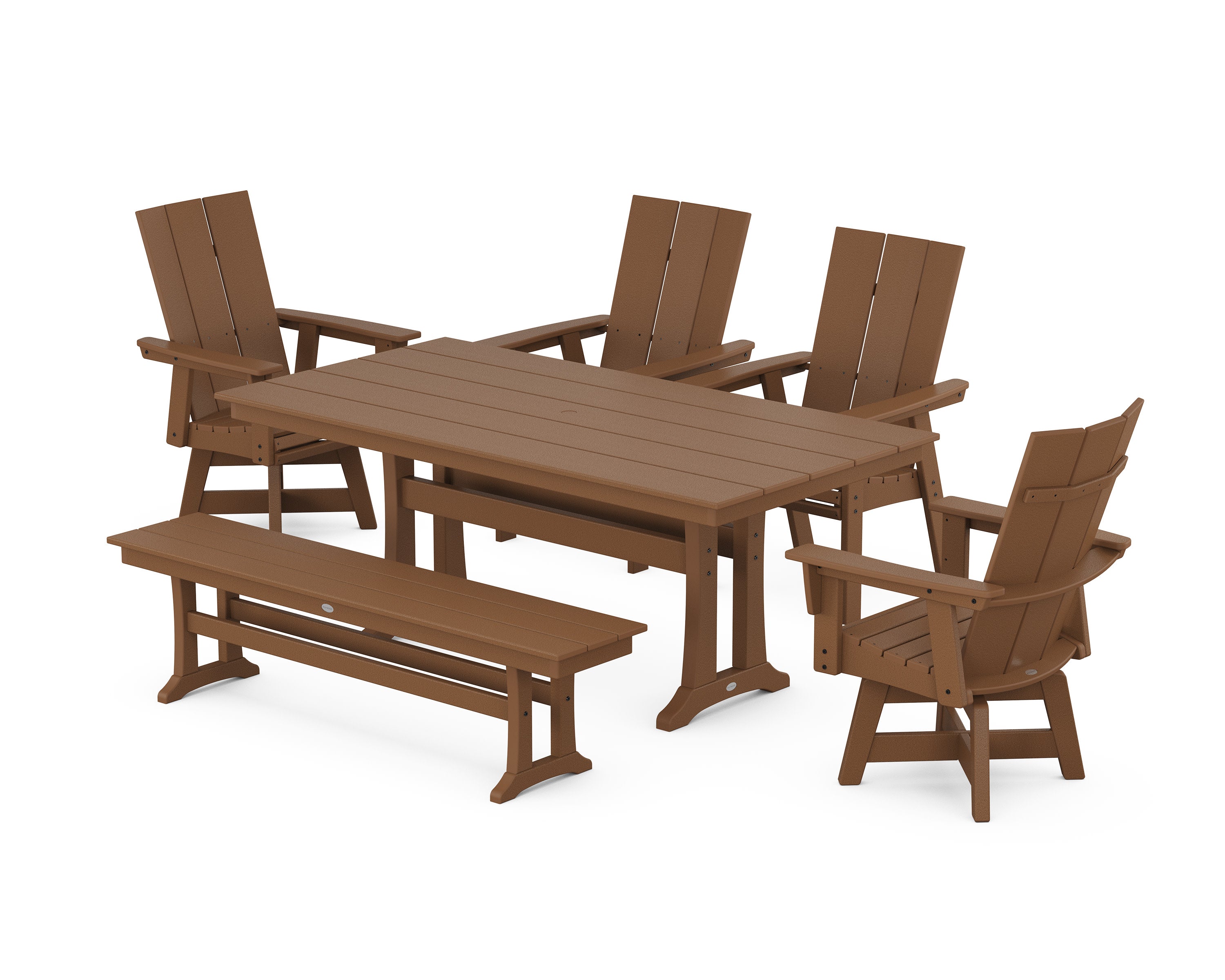 Modern Curveback Adirondack Swivel Chair 6-Piece Farmhouse Dining Set With Trestle Legs and Bench in Teak