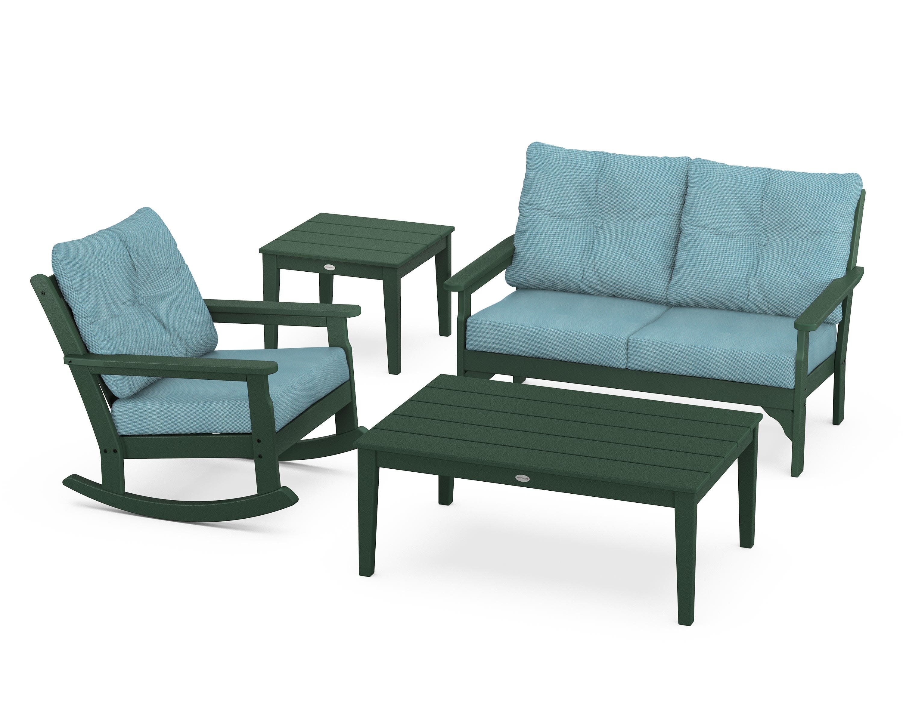 Vineyard 4-Piece Deep Seating Rocker Set in Green / Lattice Sky Blue