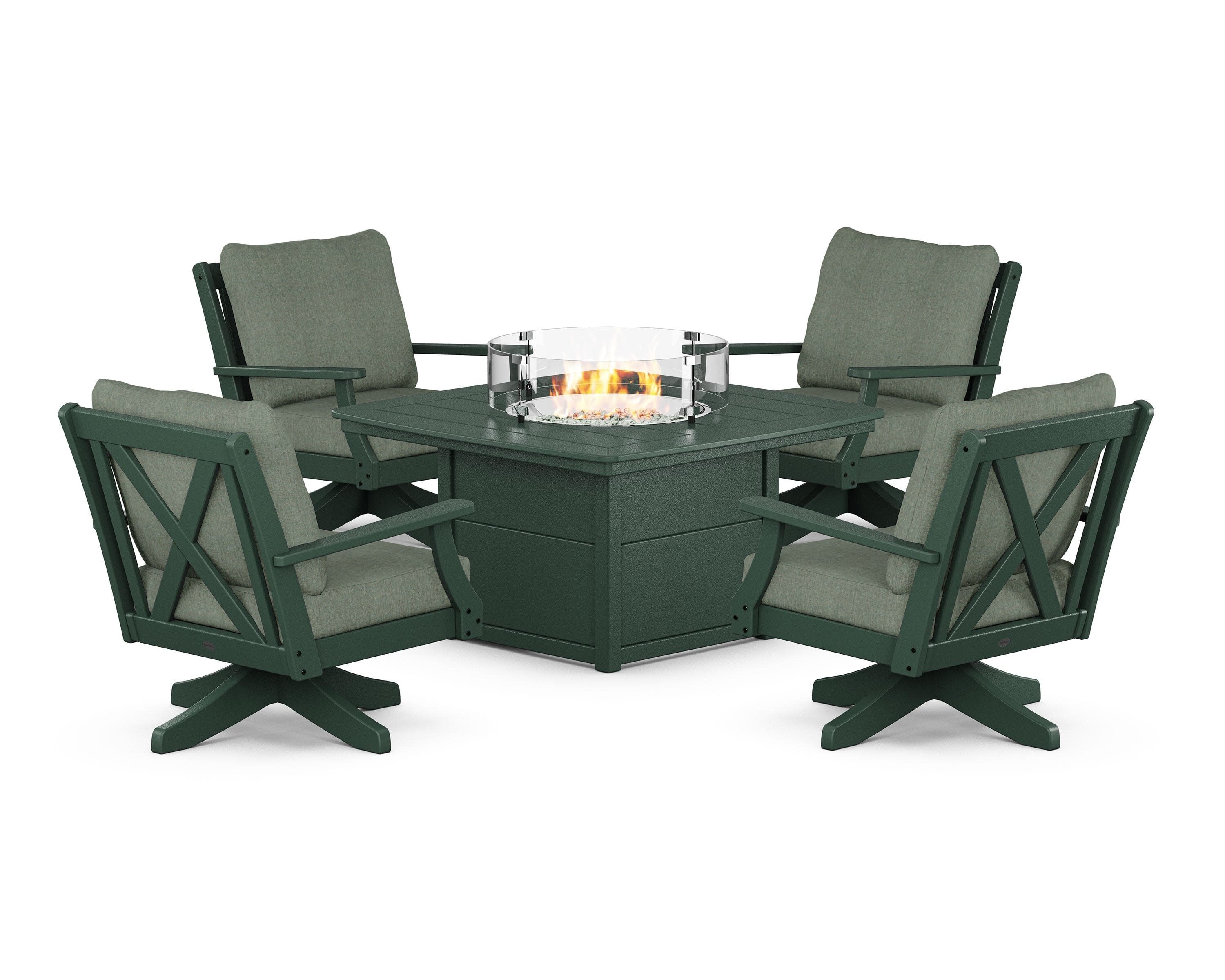 Braxton 5-Piece Deep Seating Swivel Conversation Set with Fire Pit Table in Green / Cast Sage