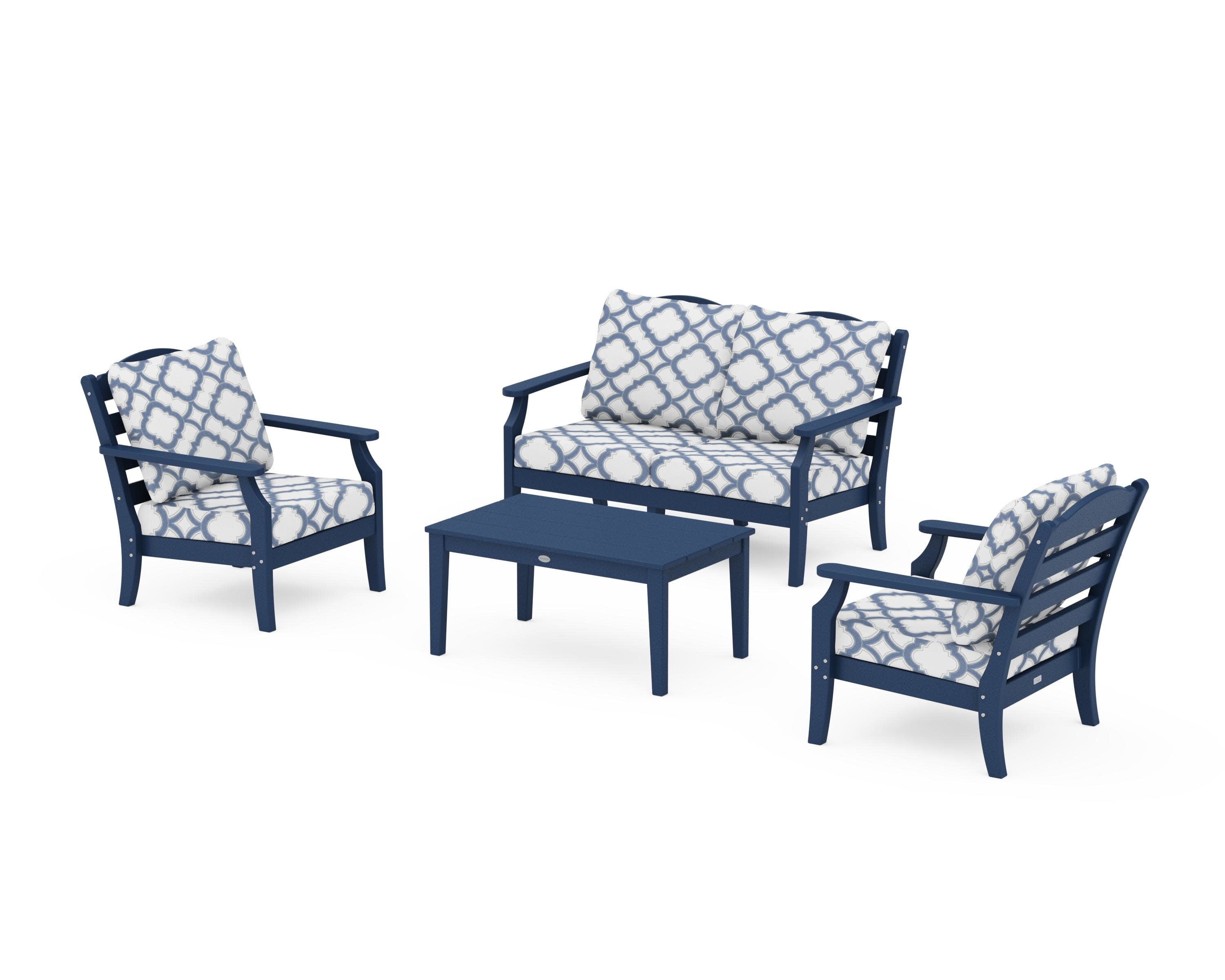 Savannah 4-Piece Deep Seating Set with Loveseat in Navy / Trellis Sky Blue