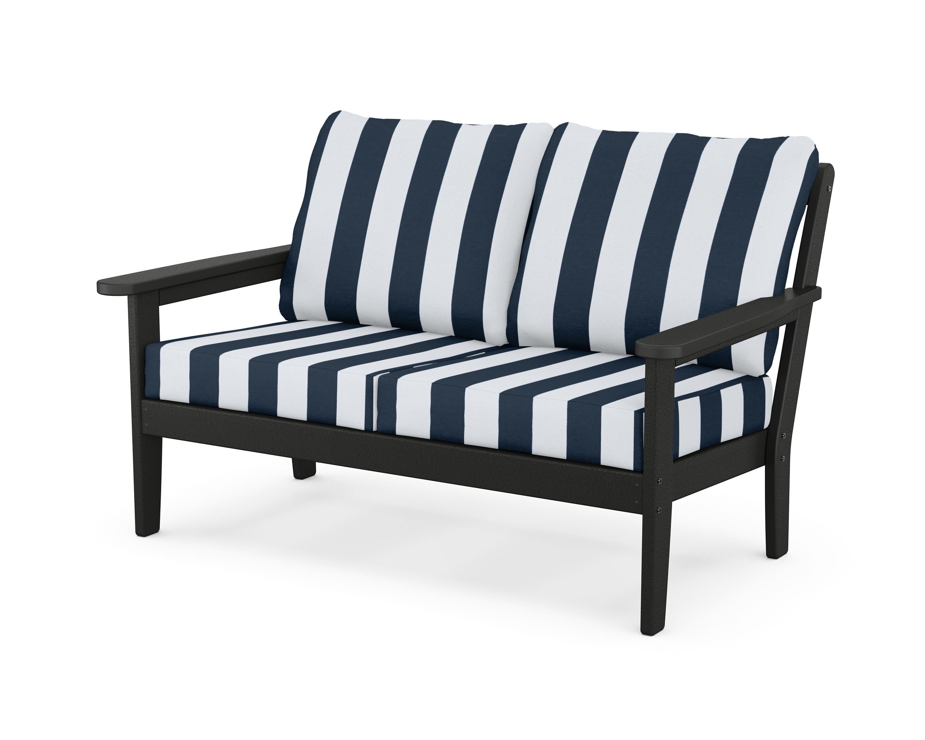 Cottage Deep Seating Loveseat in Black / Cabana Stripe Marine Indigo