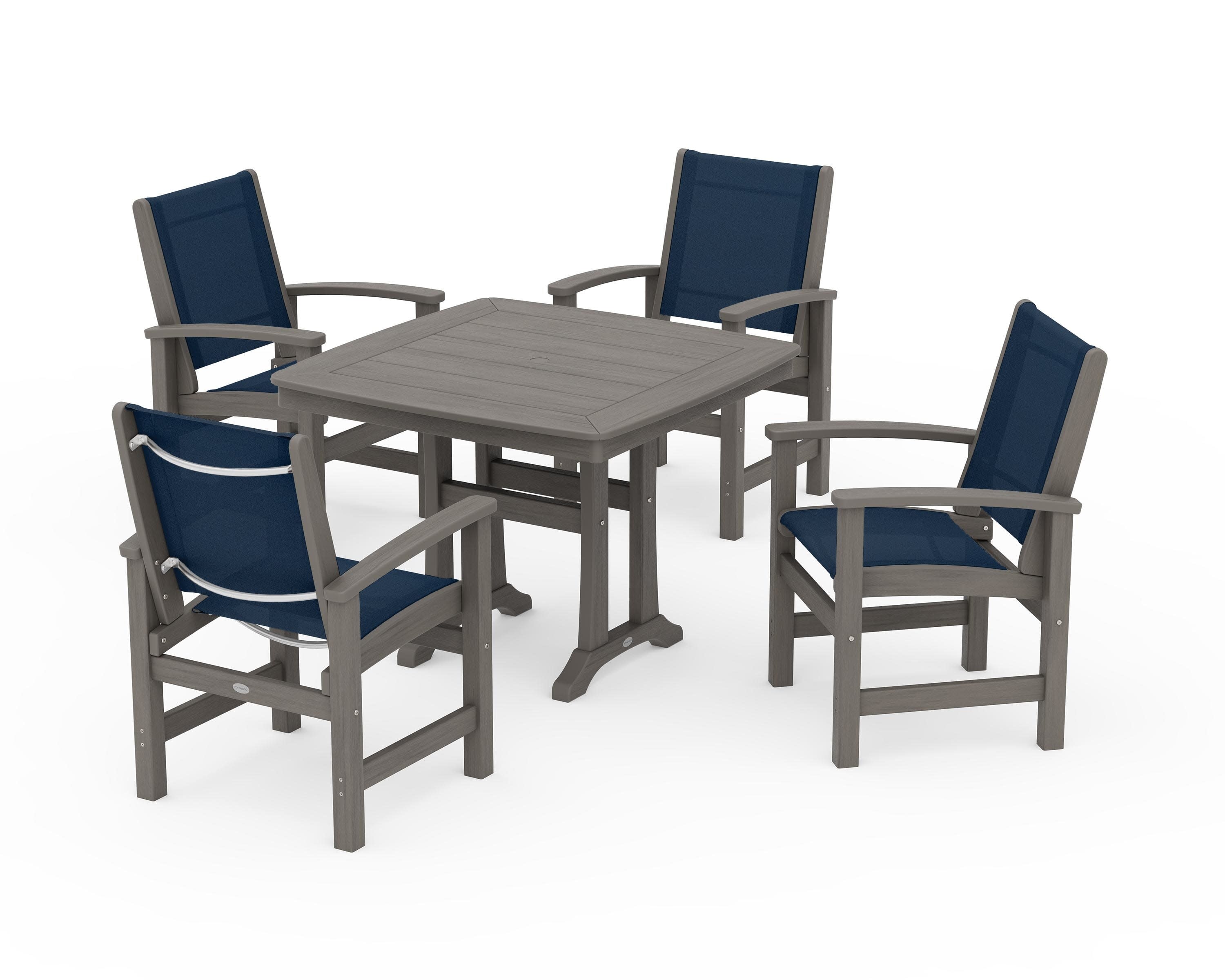 Coastal 5-Piece Dining Set with Trestle Legs in Driftwood / Navy Blue Sling