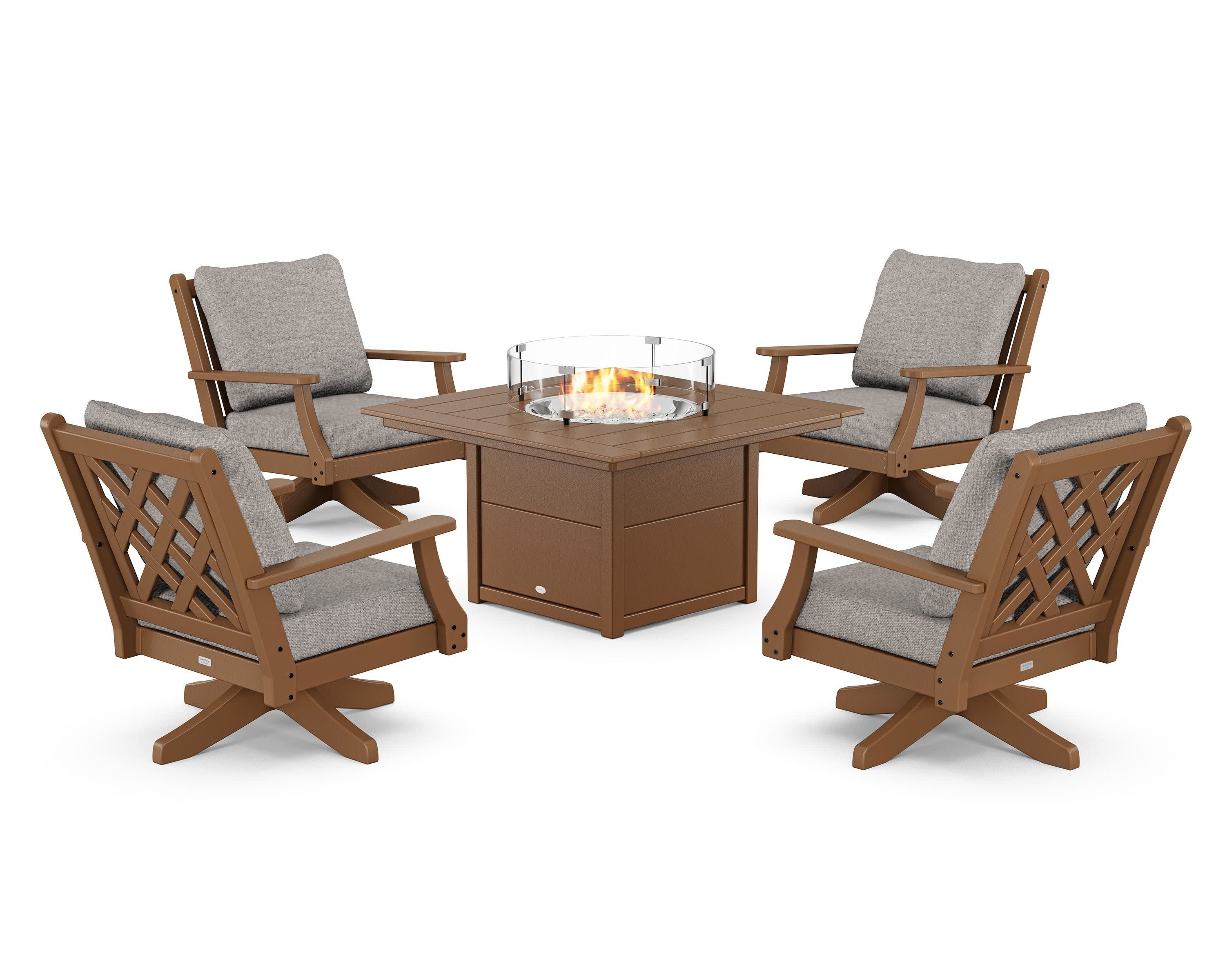 Wovendale 5-Piece Deep Seating Swivel Conversation Set with Fire Pit Table in Teak / Weathered Tweed