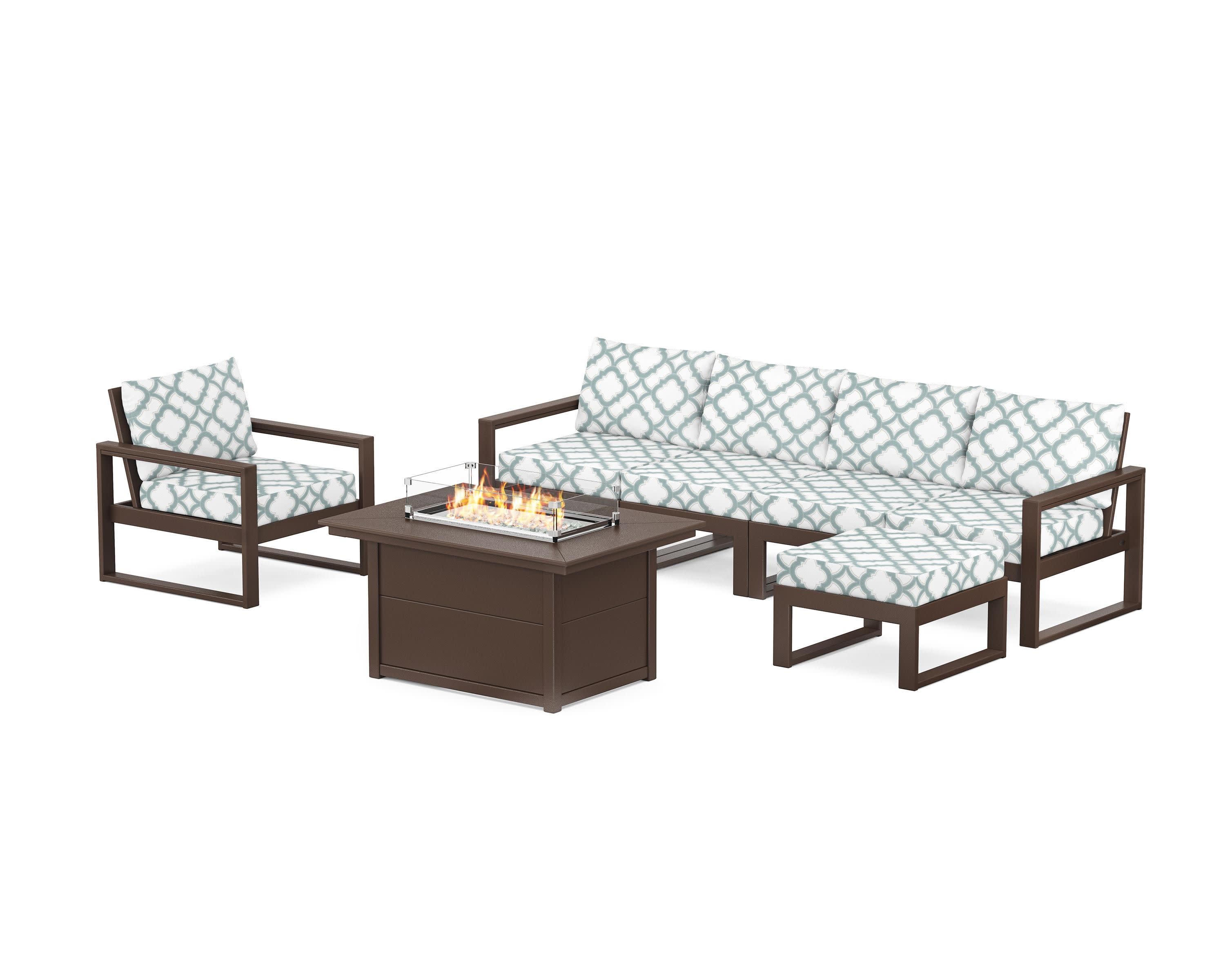 EDGE Sectional Lounge and Fire Pit Set in Mahogany / Trellis Glacier Spa