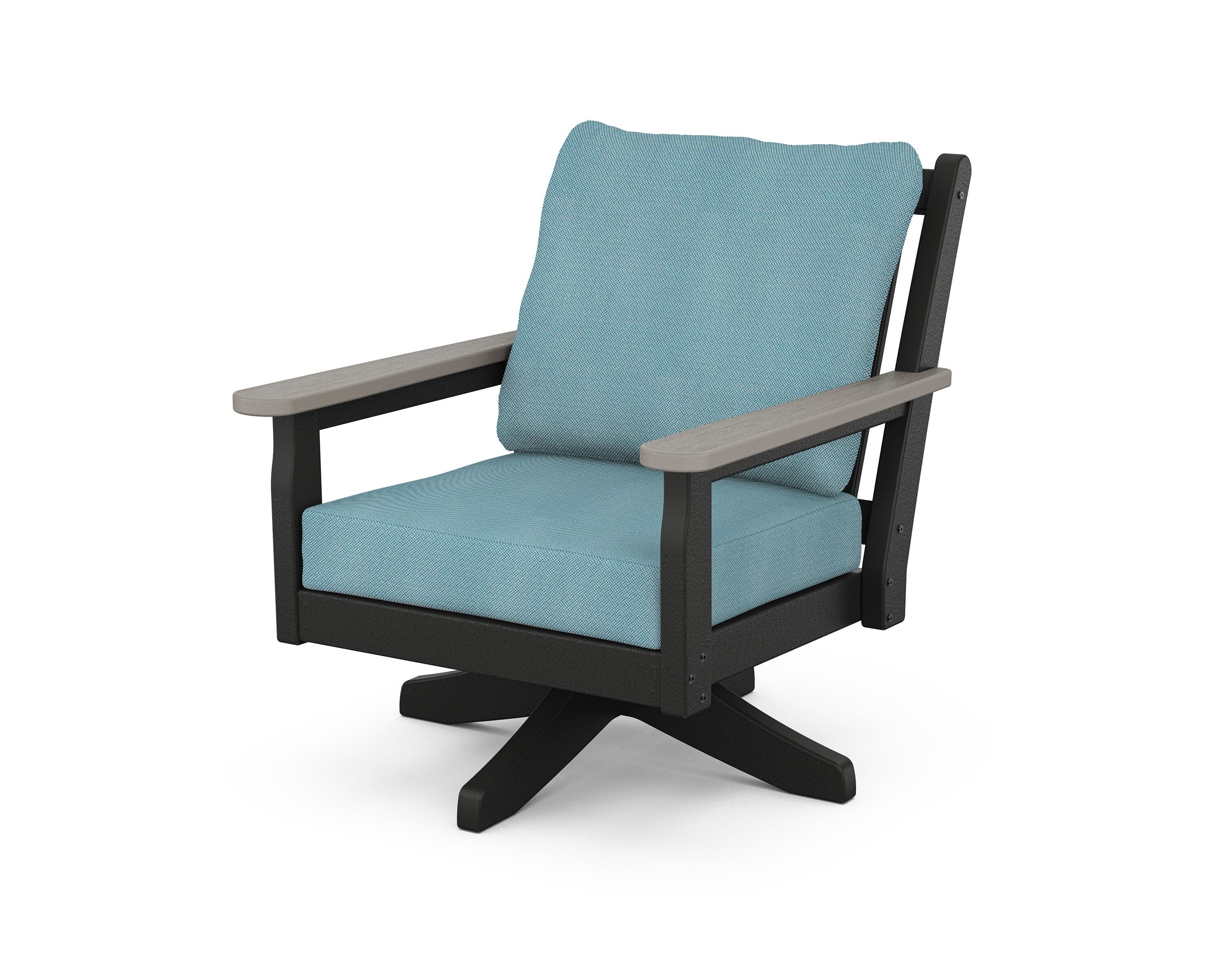 Chippendale Deep Seating Swivel Chair in Black / Driftwood / Lattice Sky Blue