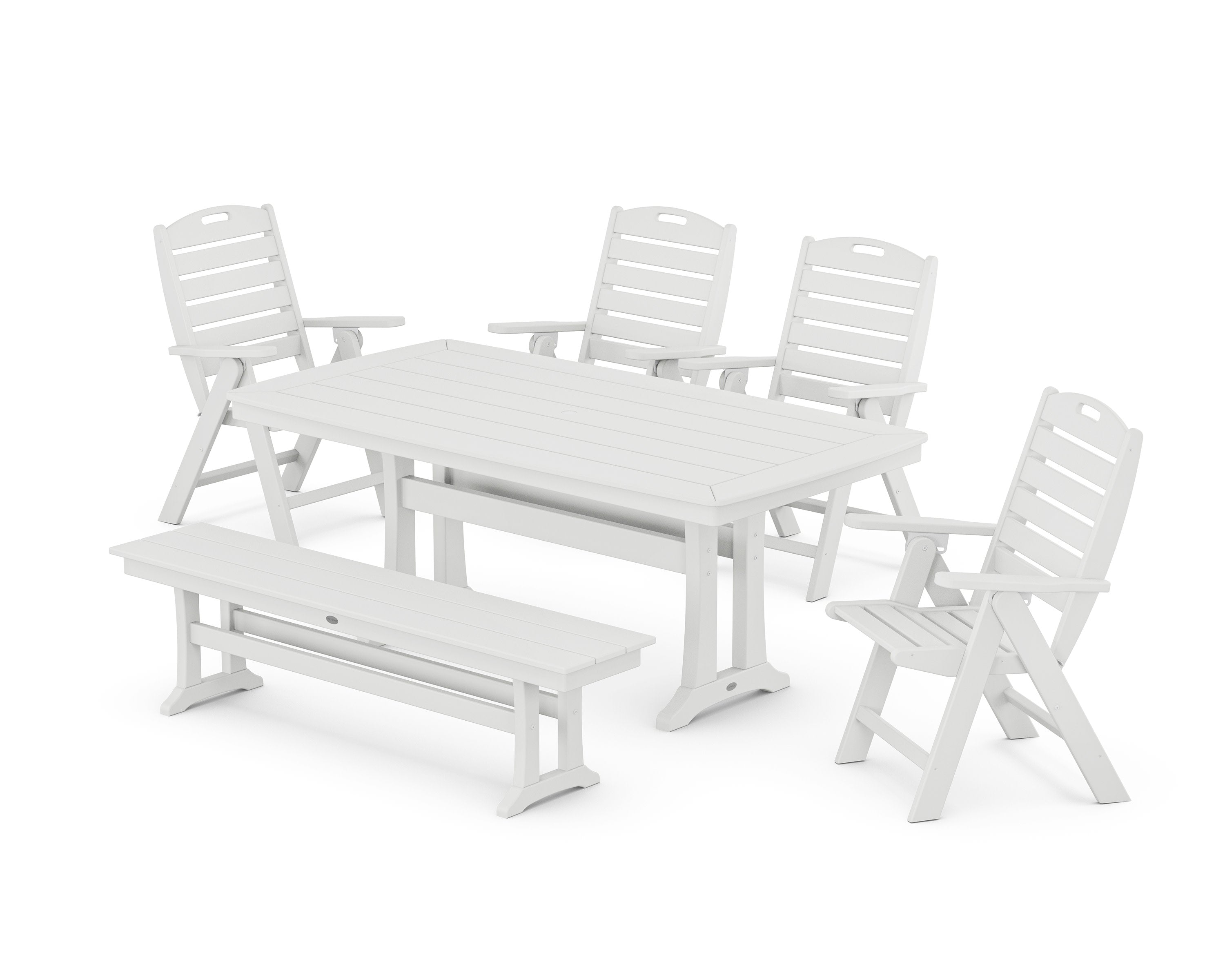 Nautical Highback 6-Piece Dining Set with Trestle Legs and Bench in White