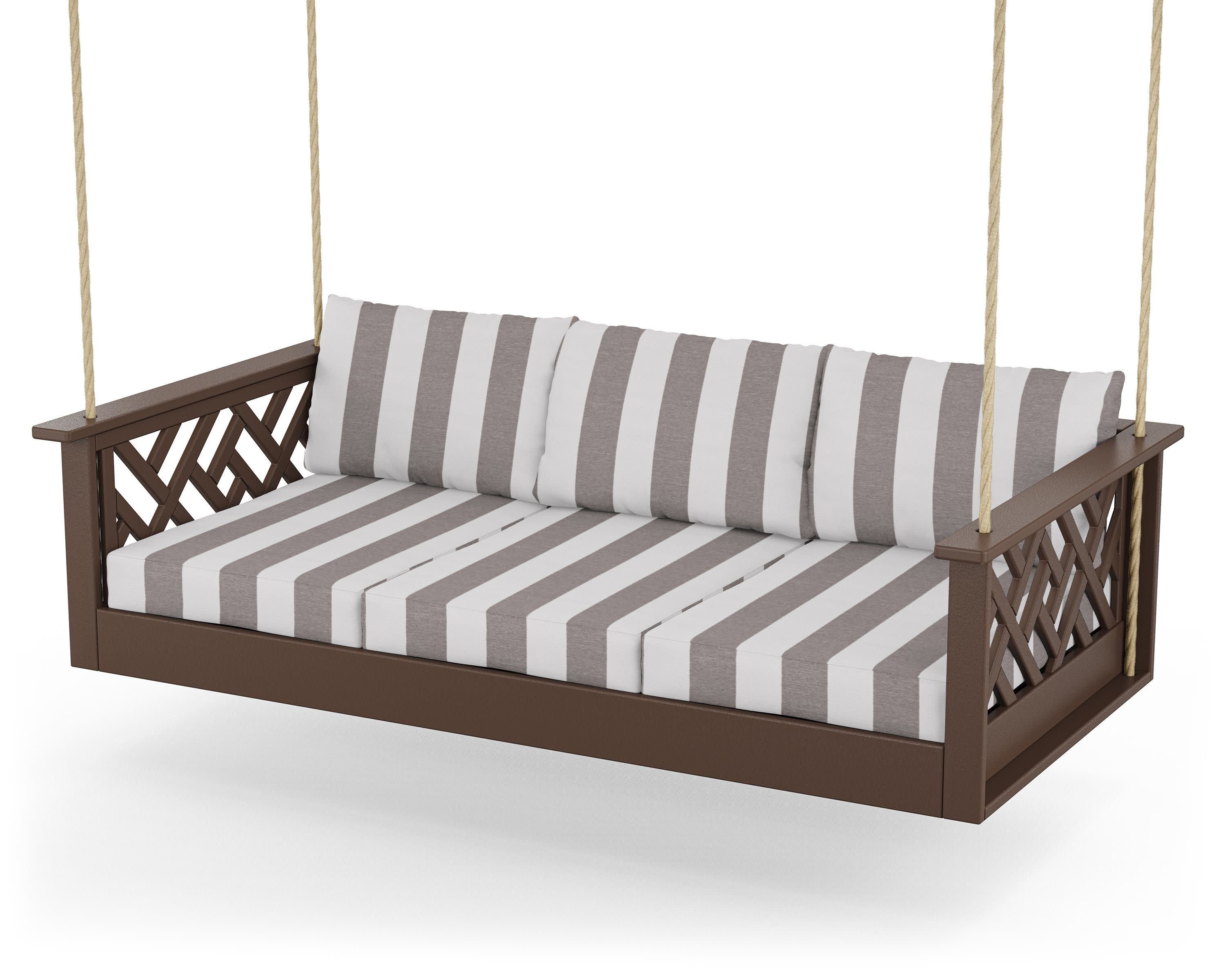 Chippendale Daybed Swing in Mahogany / Cabana Stripe Grey Mist