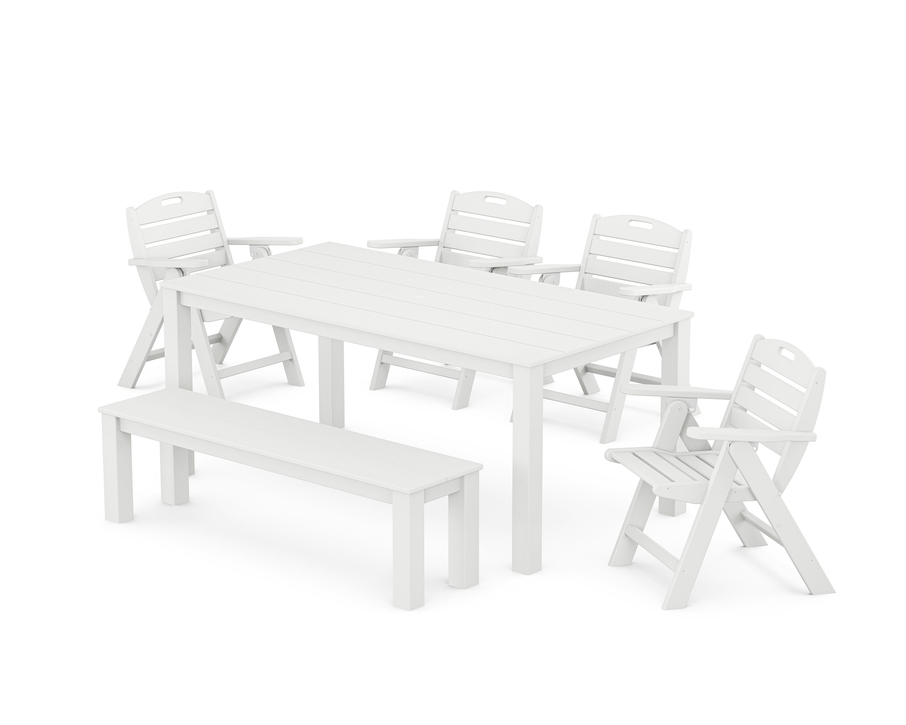 Nautical Folding Lowback Chair 6-Piece Parsons Dining Set with Bench in White