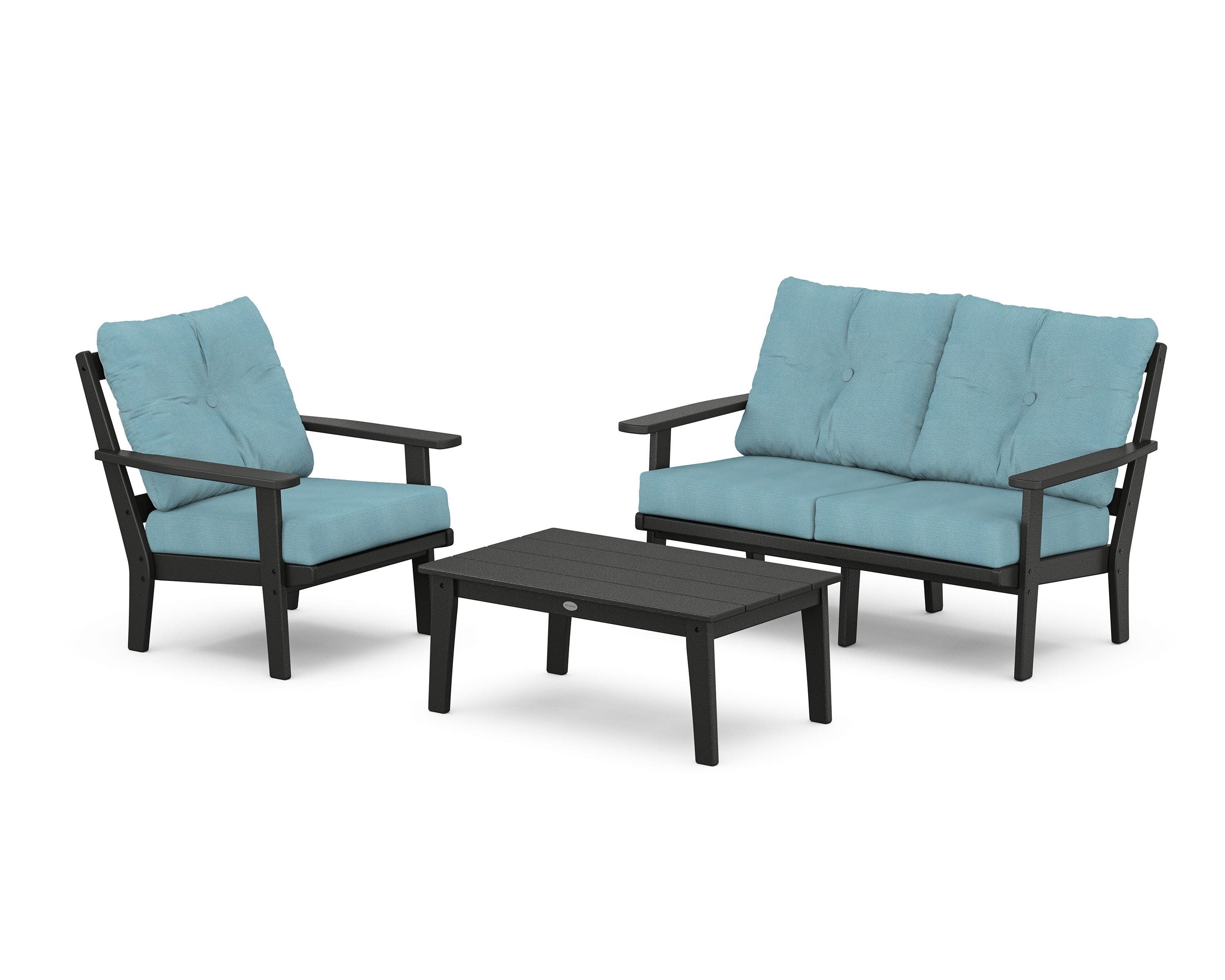 Prairie 3-Piece Deep Seating Set with Loveseat in Black / Lattice Sky Blue