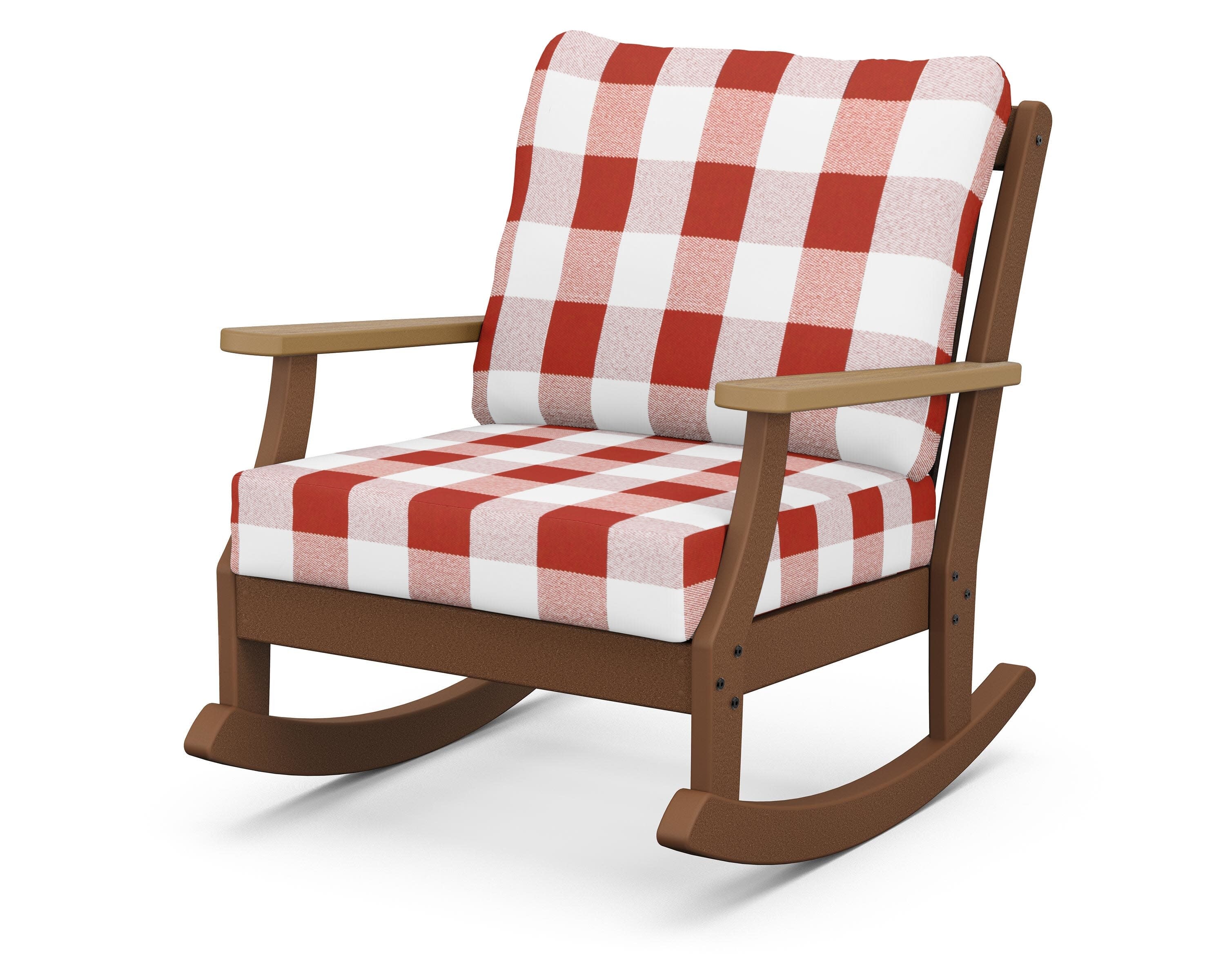 Braxton Deep Seating Rocking Chair in Teak / Natural / Buffalo Plaid Crimson