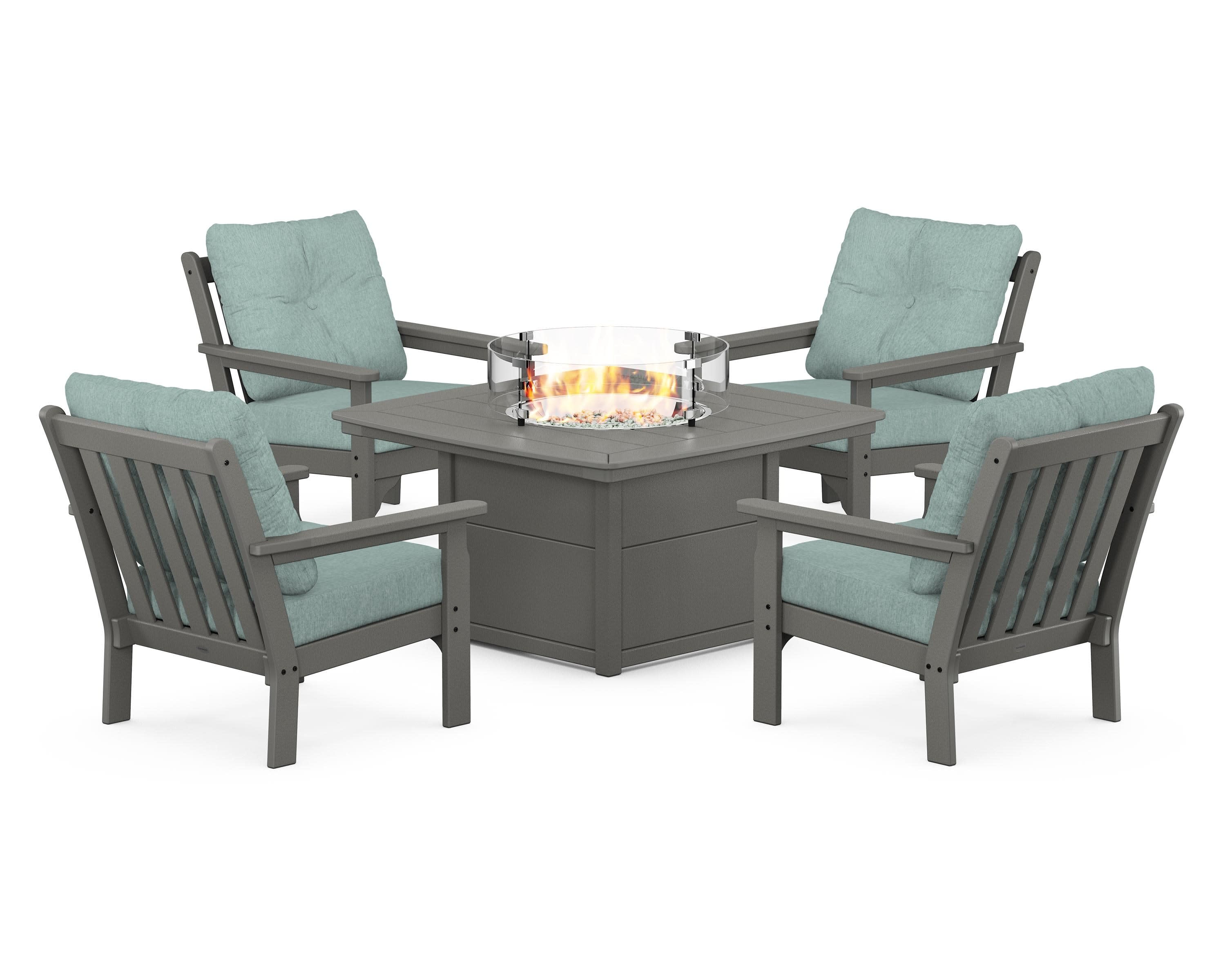 Vineyard 5-Piece Conversation Set with Fire Pit Table in Slate Grey / Glacier Spa