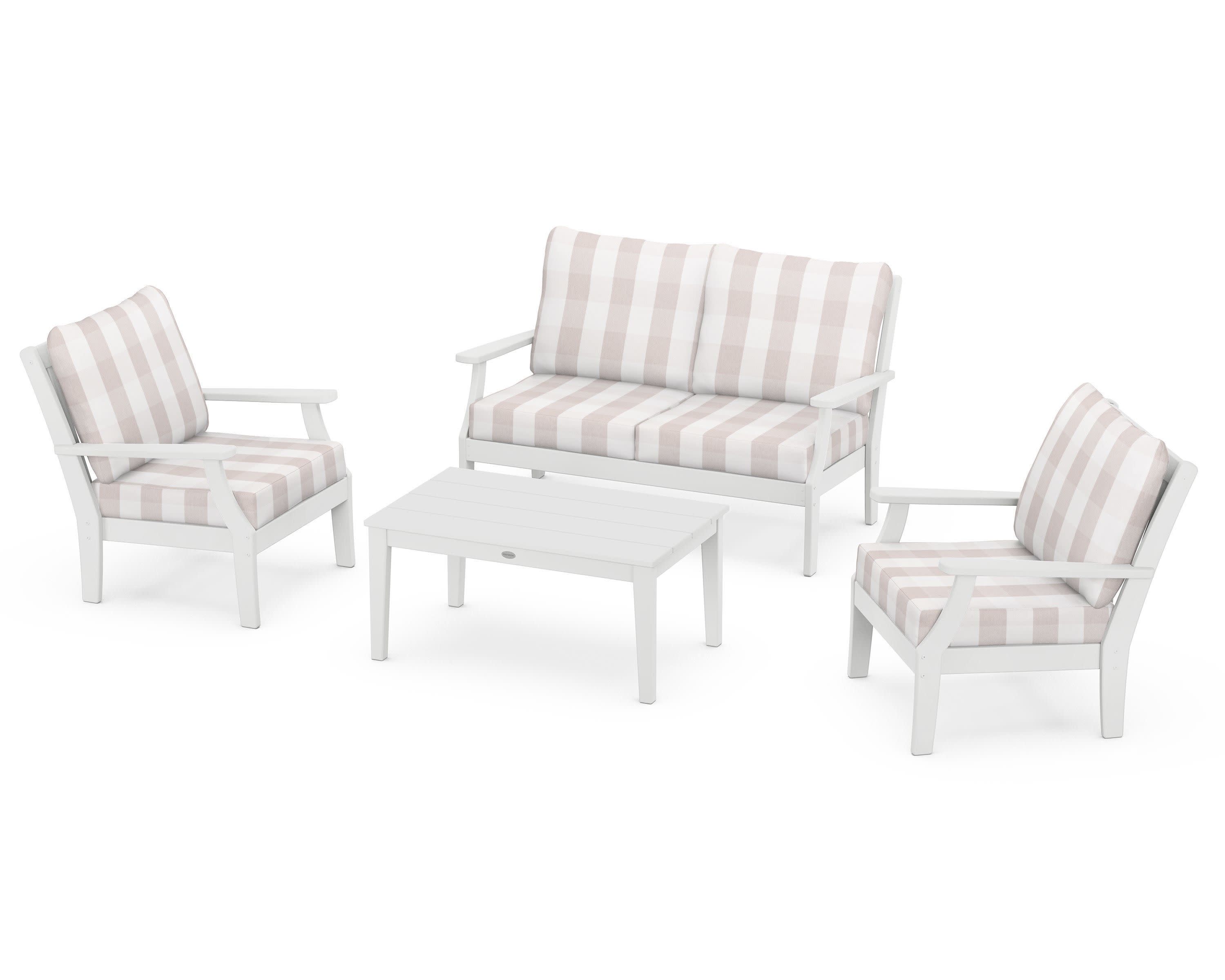 Braxton 4-Piece Deep Seating Chair Set in White / Buffalo Plaid Dune Burlap