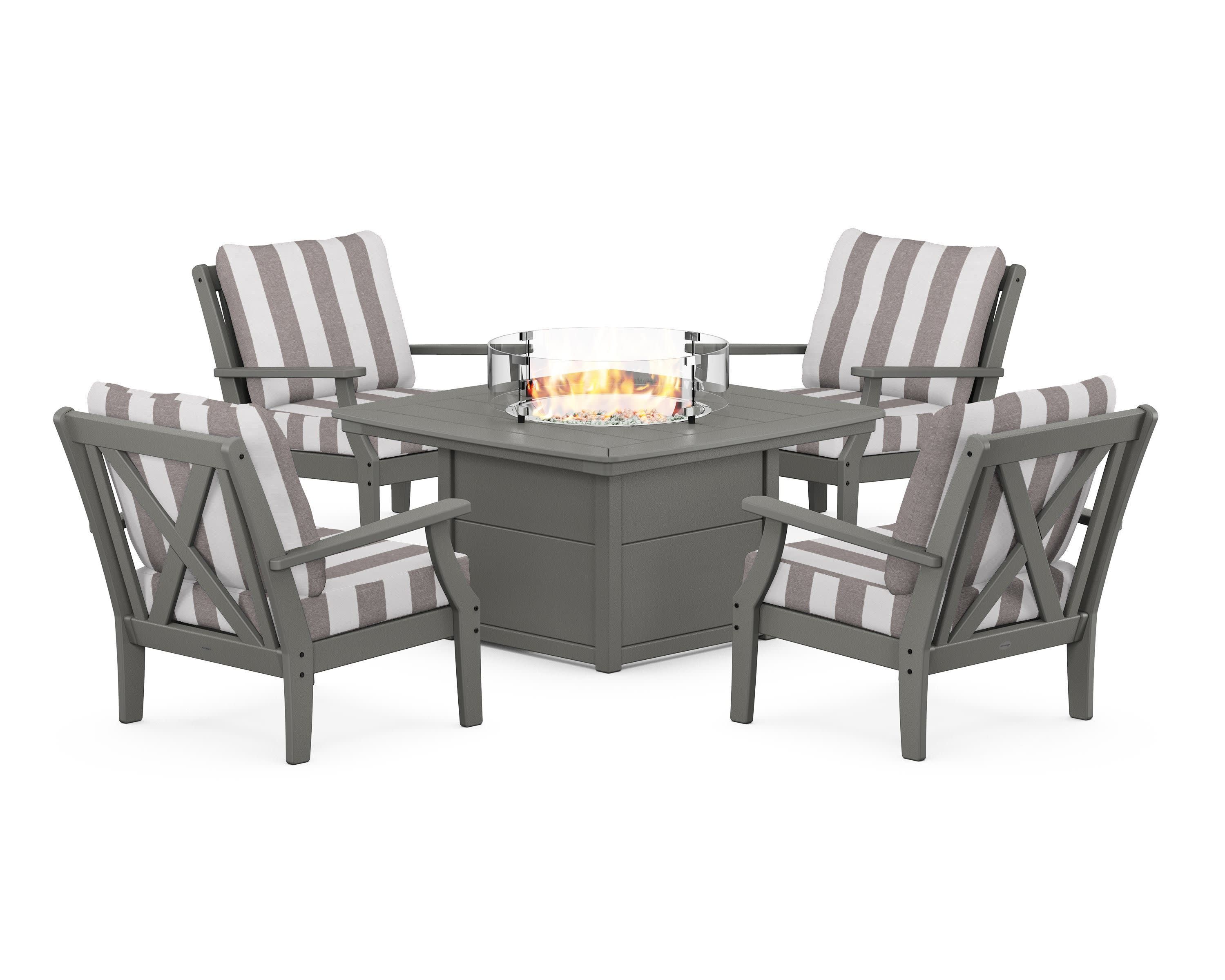 Braxton 5-Piece Deep Seating Conversation Set with Fire Pit Table in Slate Grey / Cabana Stripe Grey Mist