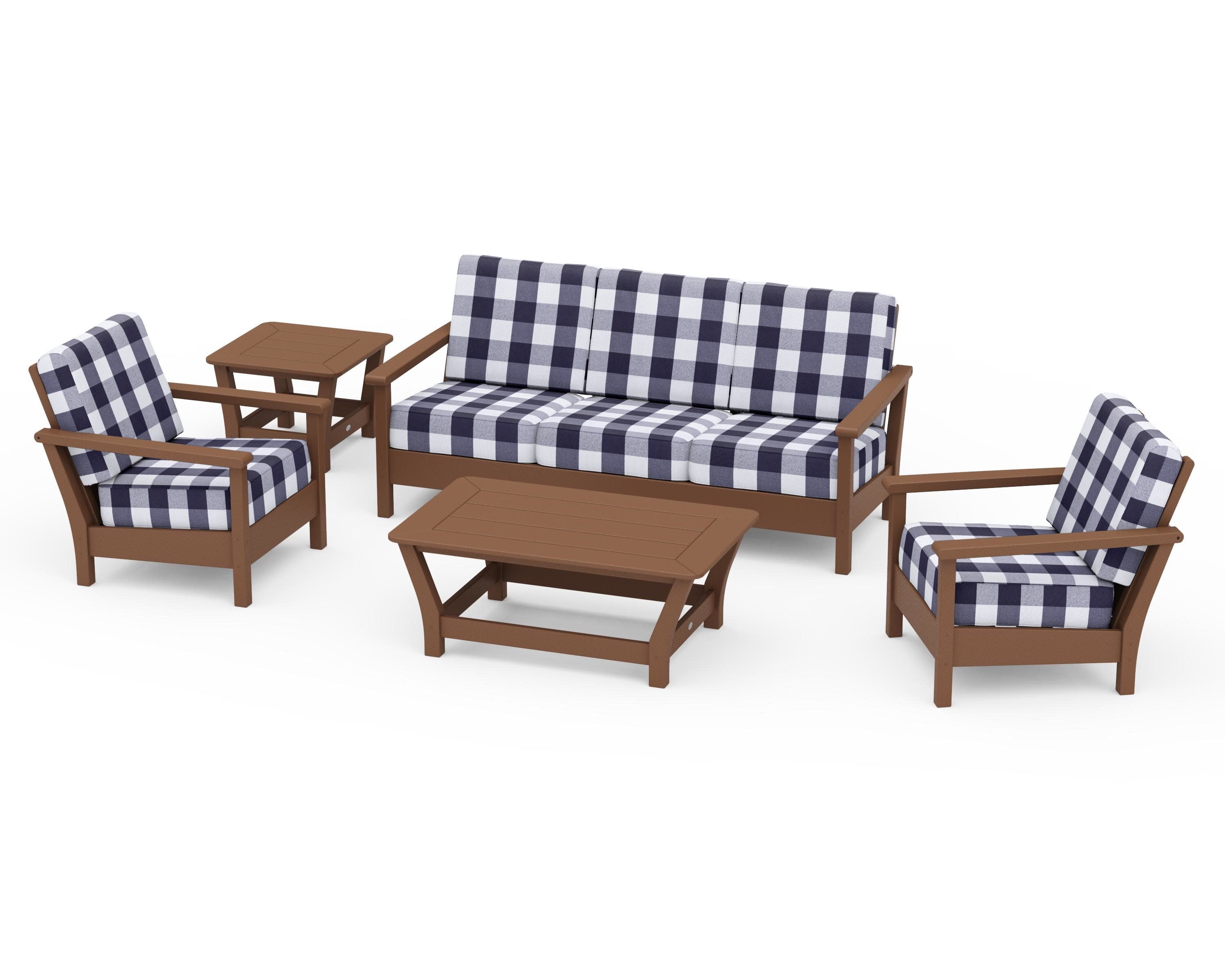 Harbour 5-Piece Deep Seating Set in Teak / Buffalo Plaid Navy