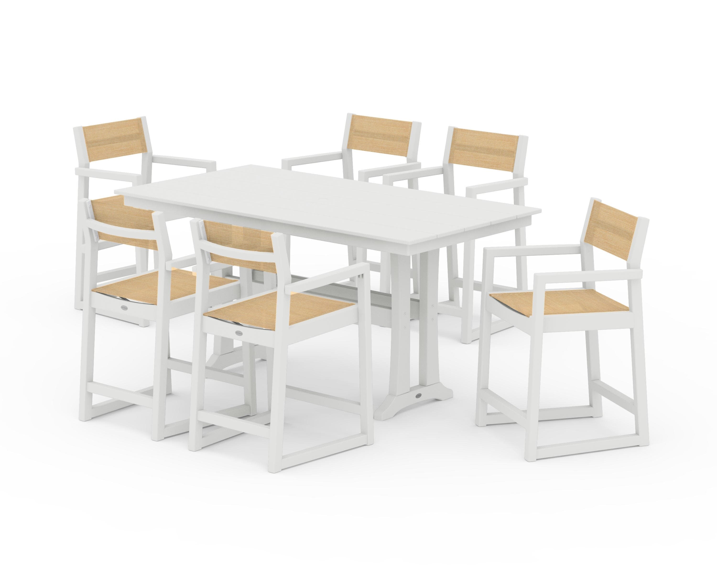 EDGE Sling Arm Chair 7-Piece Farmhouse Counter Set with Trestle Legs in Vintage White / Dupioni Apricot Sling