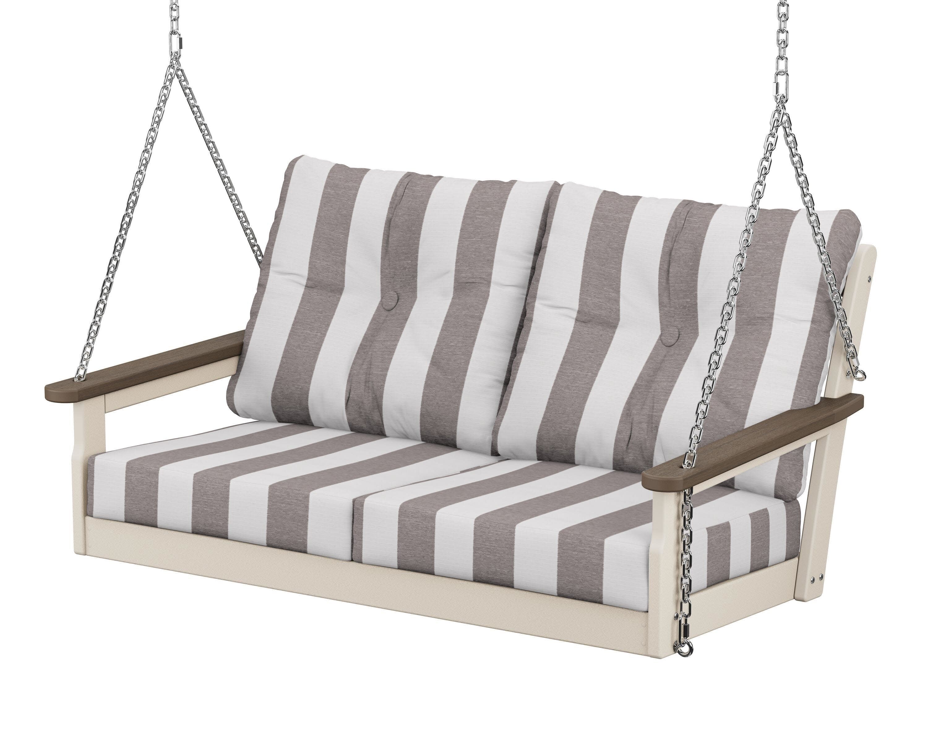 Vineyard Deep Seating Swing in Sand / Kona / Cabana Stripe Grey Mist