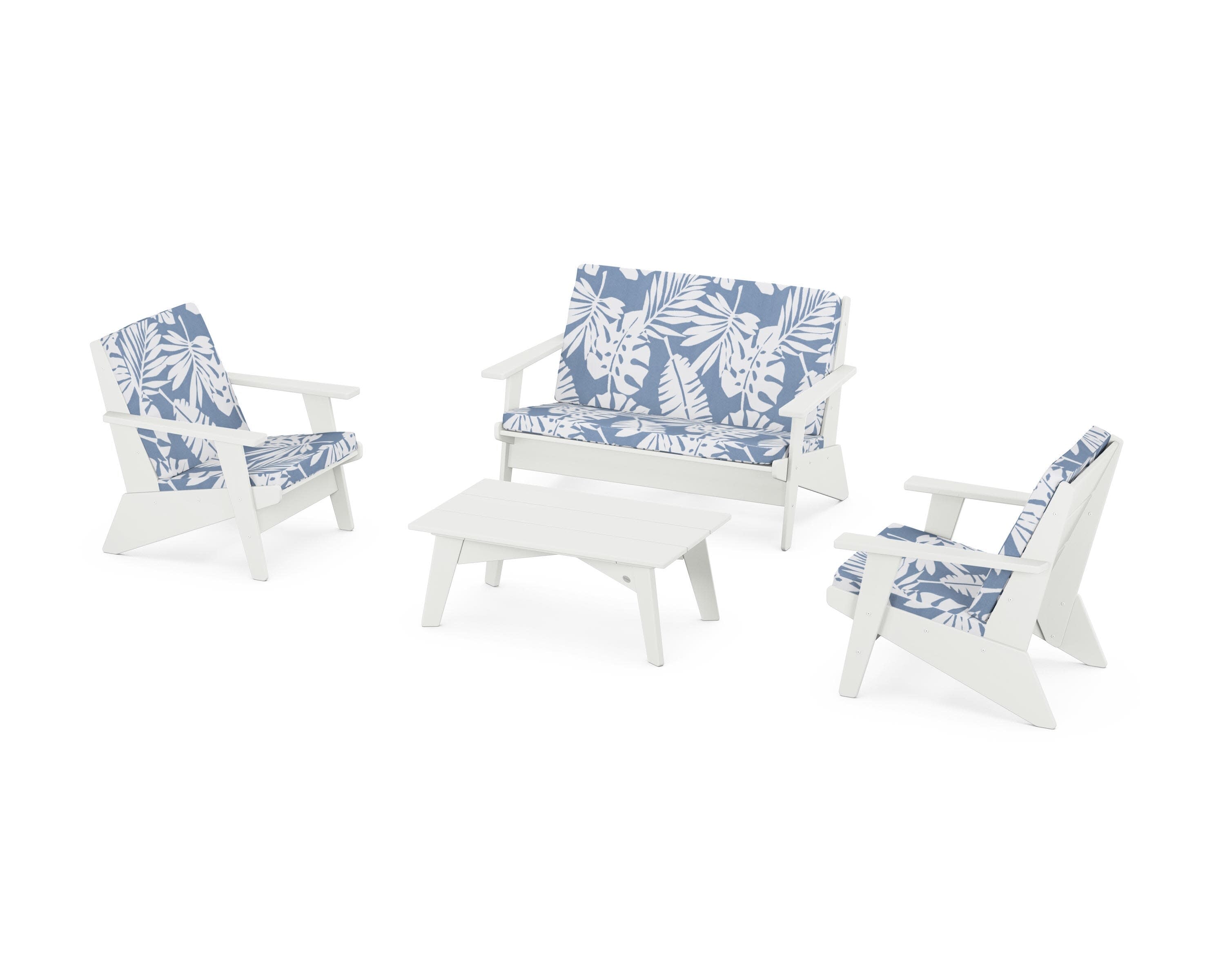 Riviera Modern Lounge 4-Piece Set in Vintage White / Leaf Sky Blue