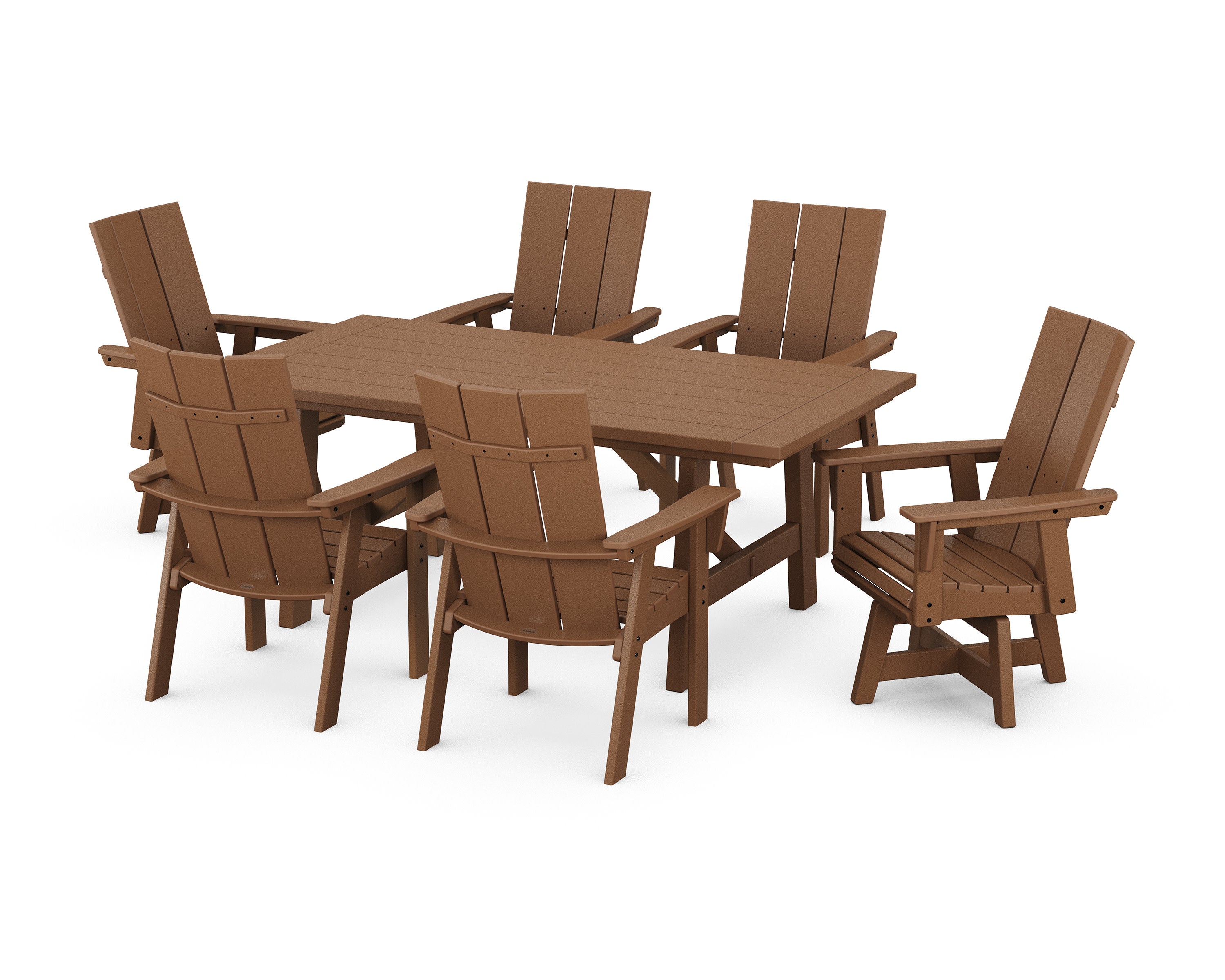 Modern Curveback Adirondack 7-Piece Rustic Farmhouse Swivel Dining Set in Teak