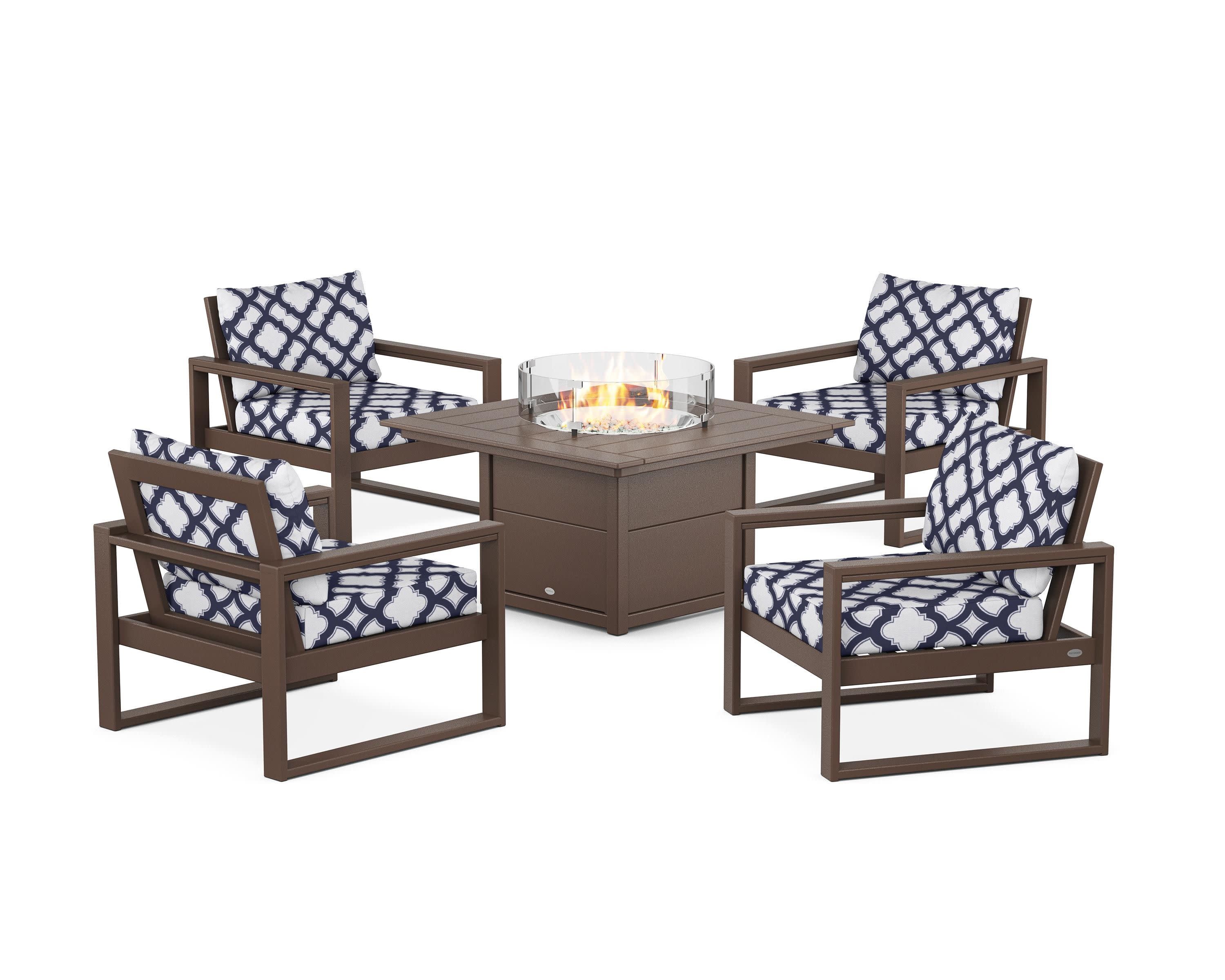 EDGE Sectional 5-Piece Deep Seating Set with Fire Pit Table in Mahogany / Trellis Navy