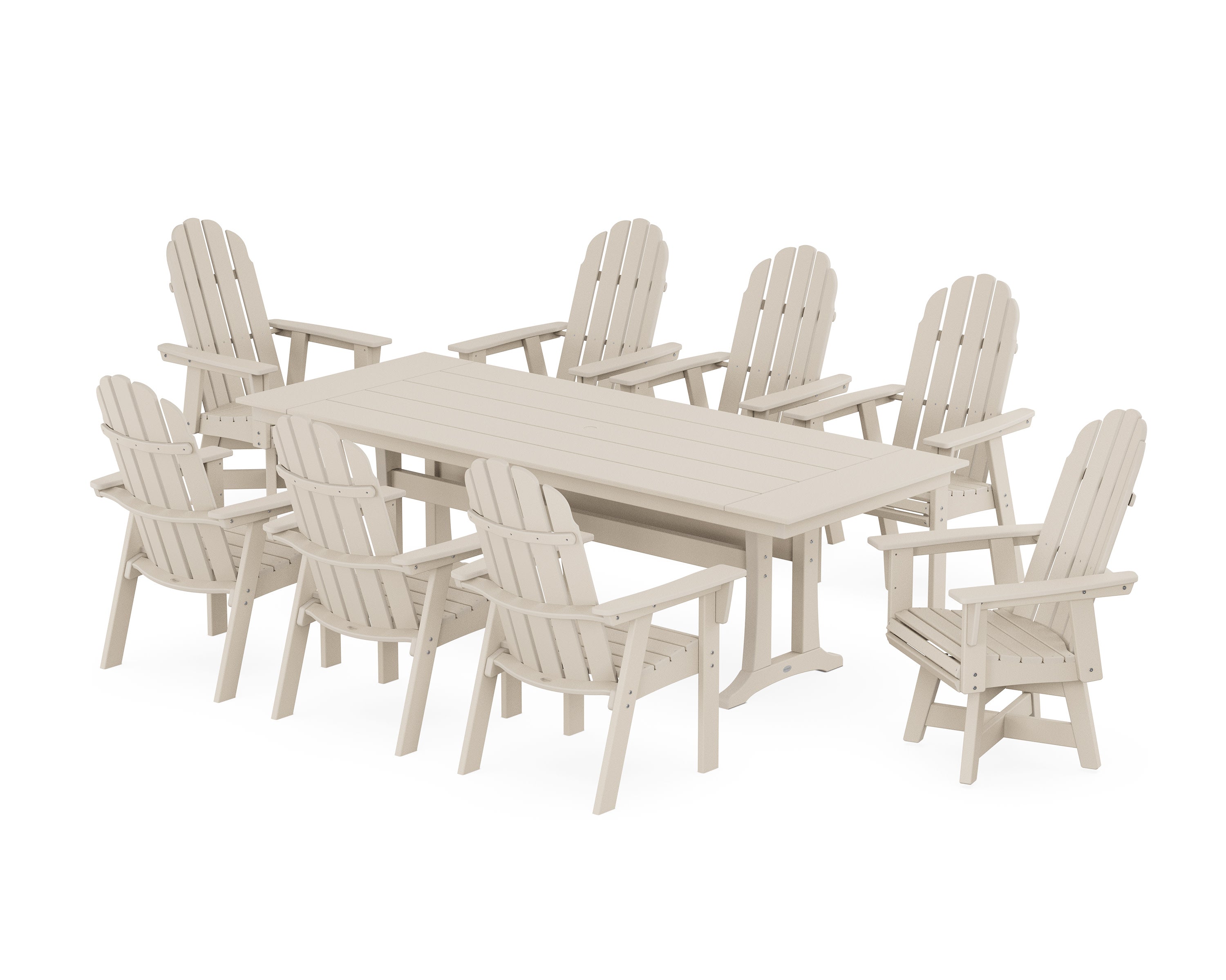 Vineyard 9-Piece Curveback Adirondack Swivel Farmhouse Dining Set with Trestle Legs in Sand