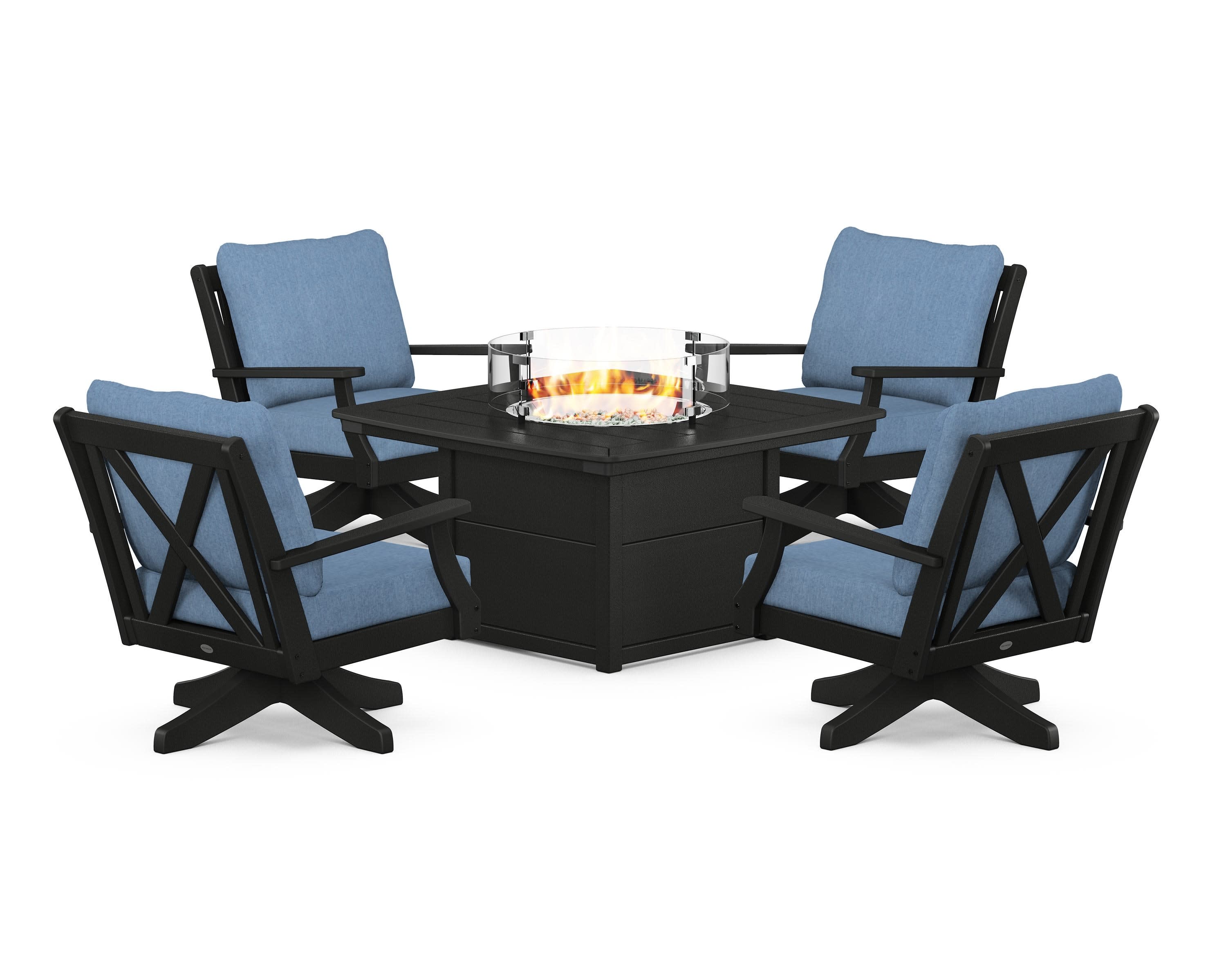 Braxton 5-Piece Deep Seating Swivel Conversation Set with Fire Pit Table in Black / Sky Blue