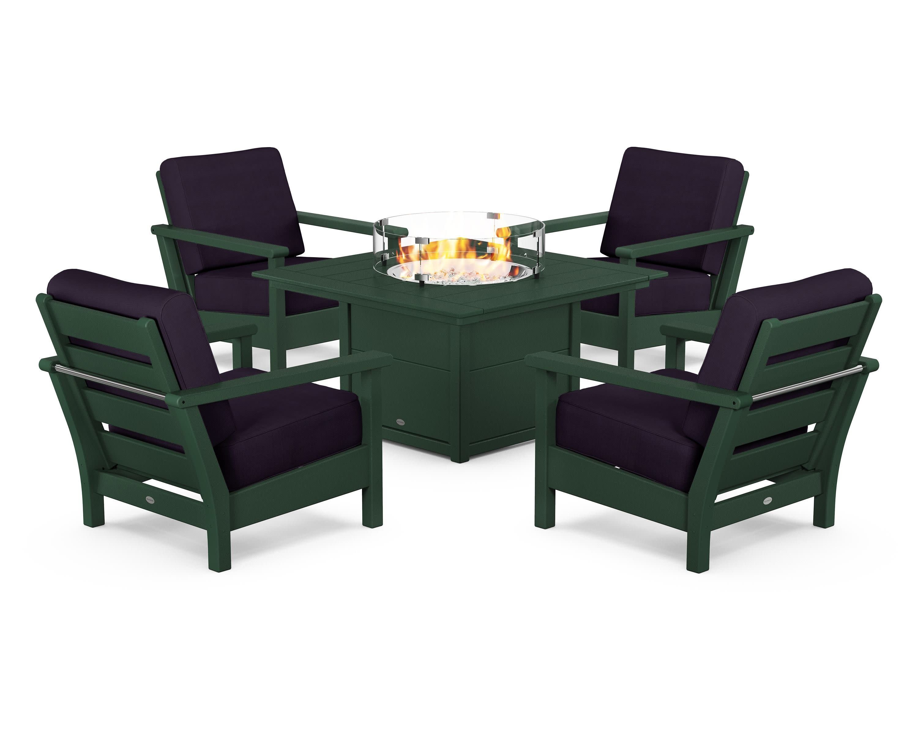 Harbour 5-Piece Conversation Set with Fire Pit Table in Green / Navy Linen