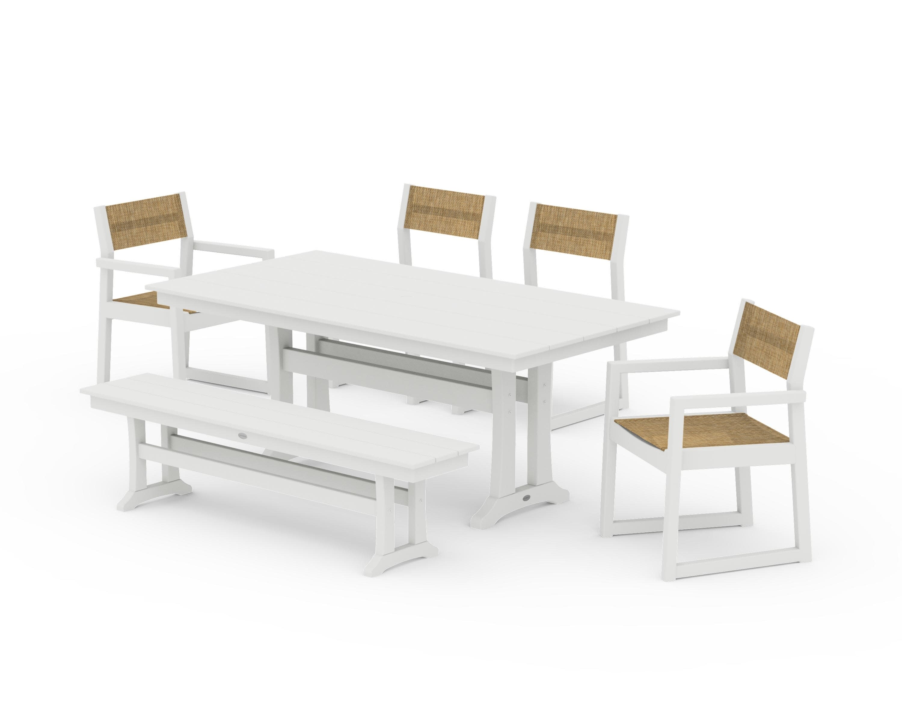EDGE Sling 6-Piece Farmhouse Dining Set With Trestle Legs in Vintage White / Burlap Sling