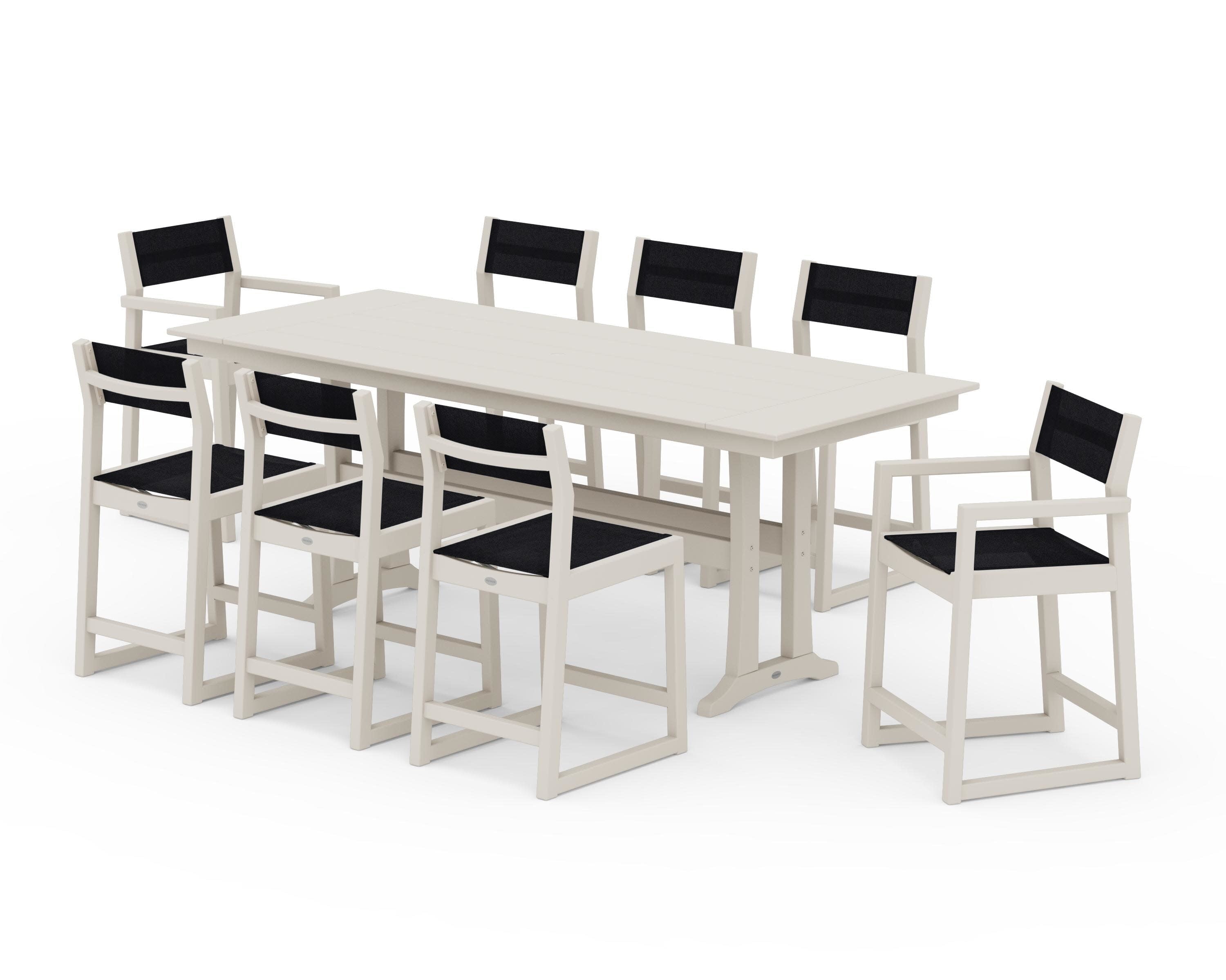 EDGE Sling 9-Piece Farmhouse Counter Set with Trestle Legs in Sand / Black Sling