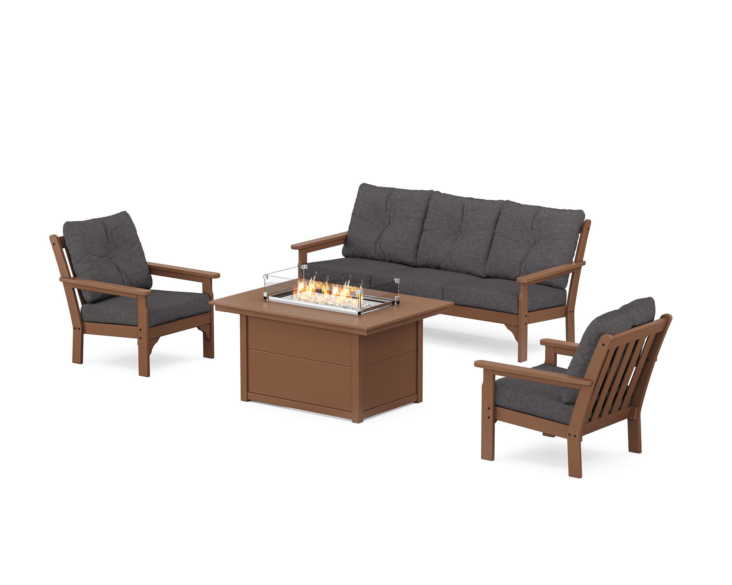 Vineyard Deep Seating Fire Pit Table Set in Teak / Ash Charcoal
