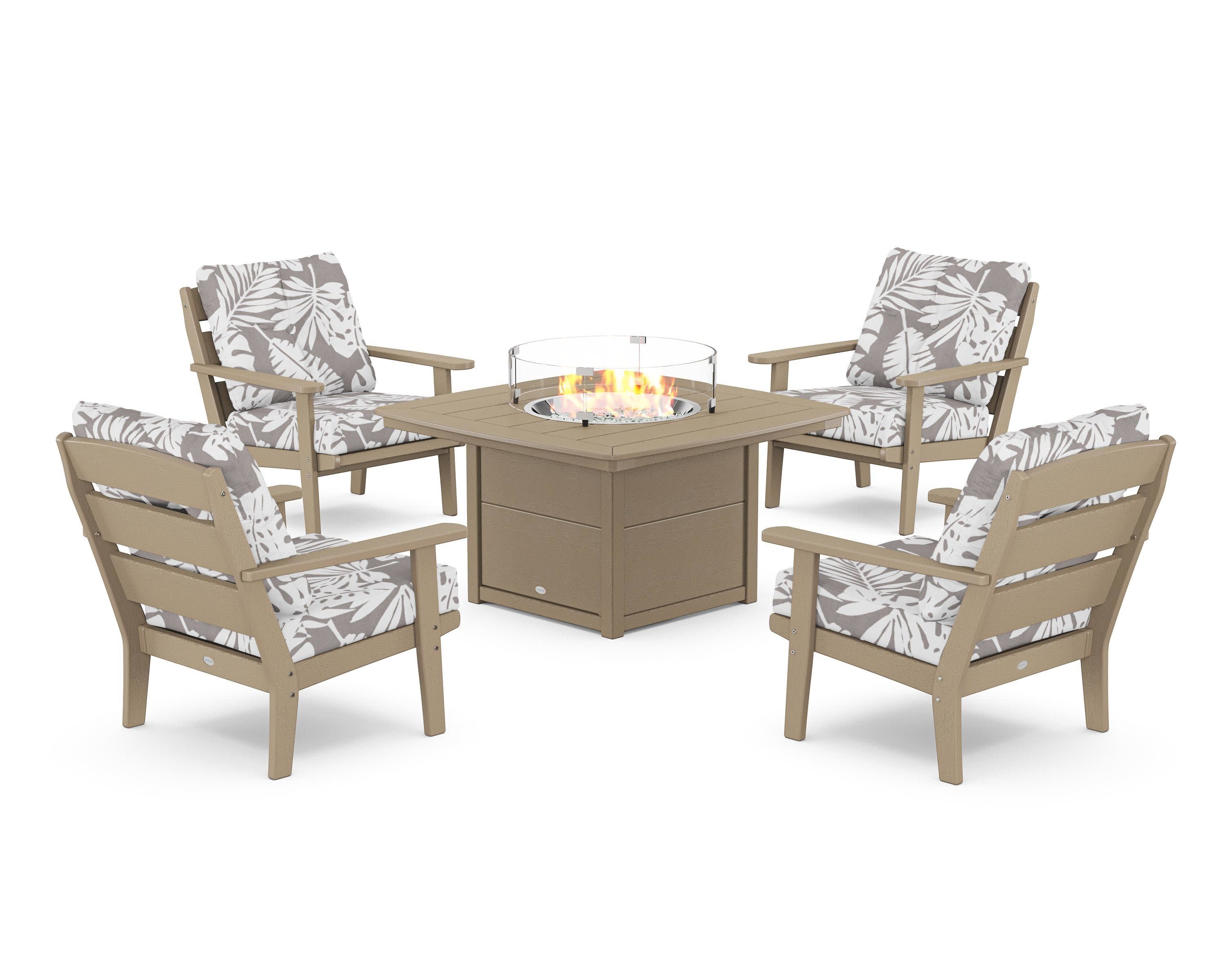 Lakeside 5-Piece Deep Seating Set with Nautical Fire Pit Table in Vintage Sahara / Leaf Grey Mist