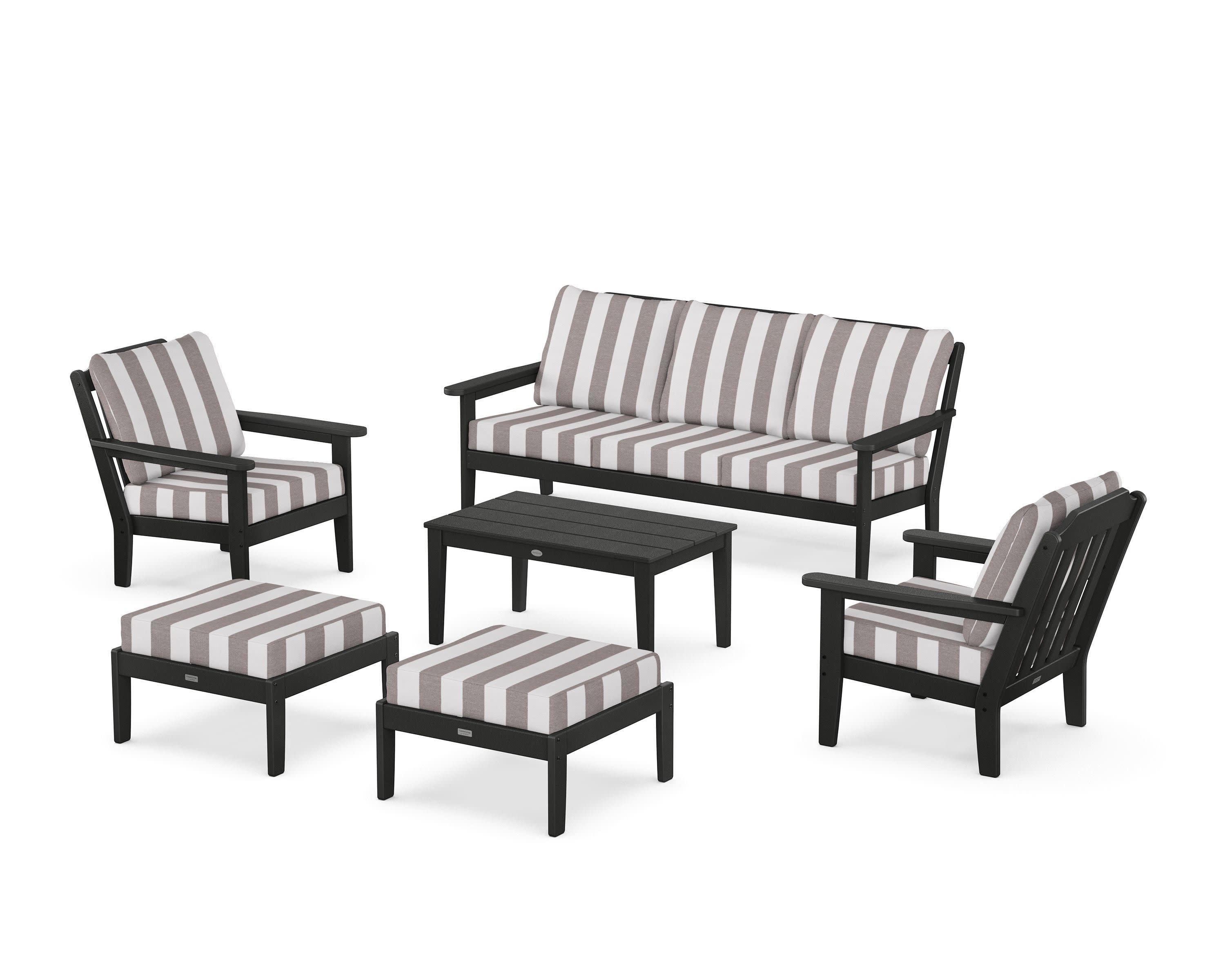 Cottage 6-Piece Lounge Sofa Set in Black / Cabana Stripe Grey Mist