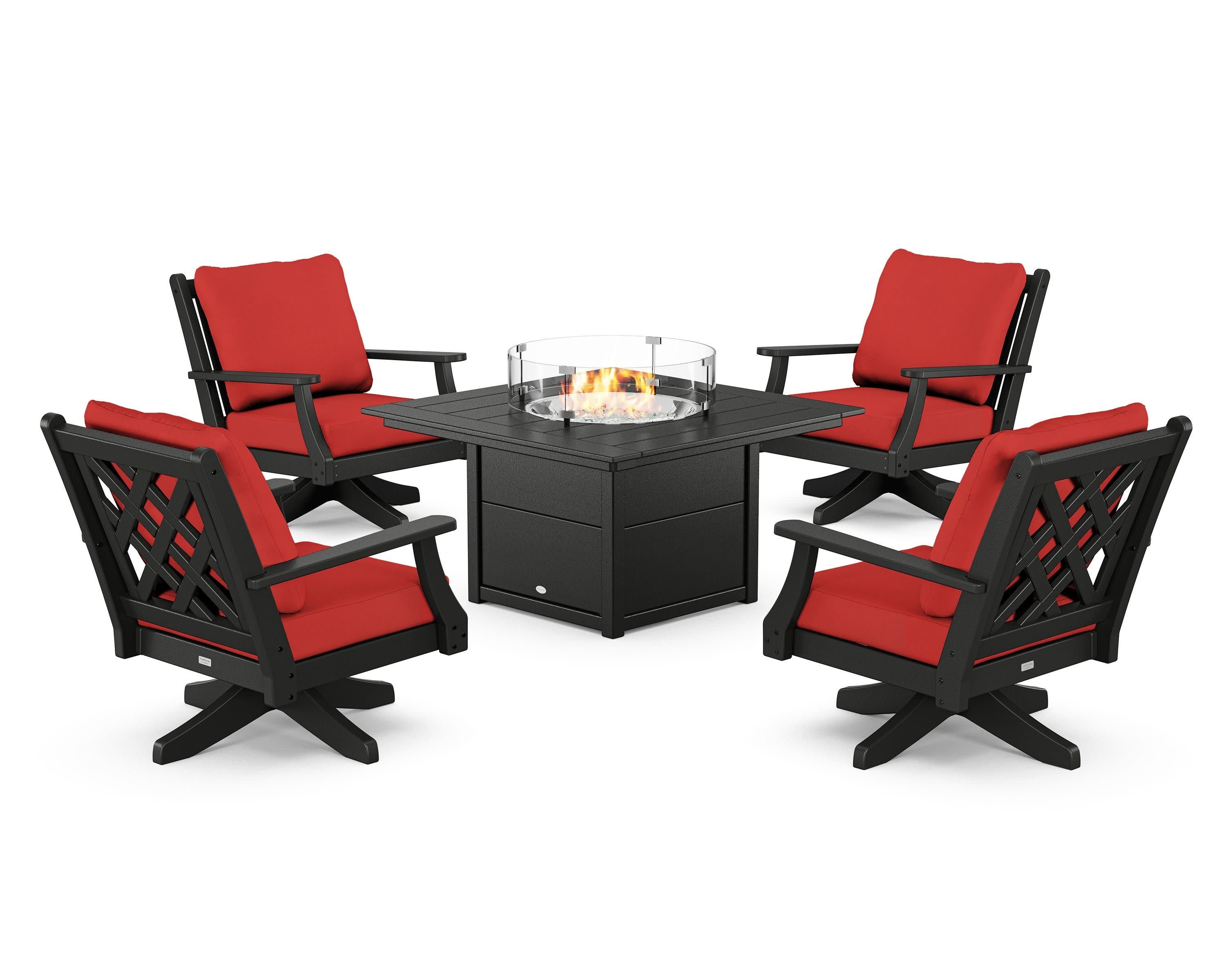 Wovendale 5-Piece Deep Seating Swivel Conversation Set with Fire Pit Table in Black / Crimson Linen