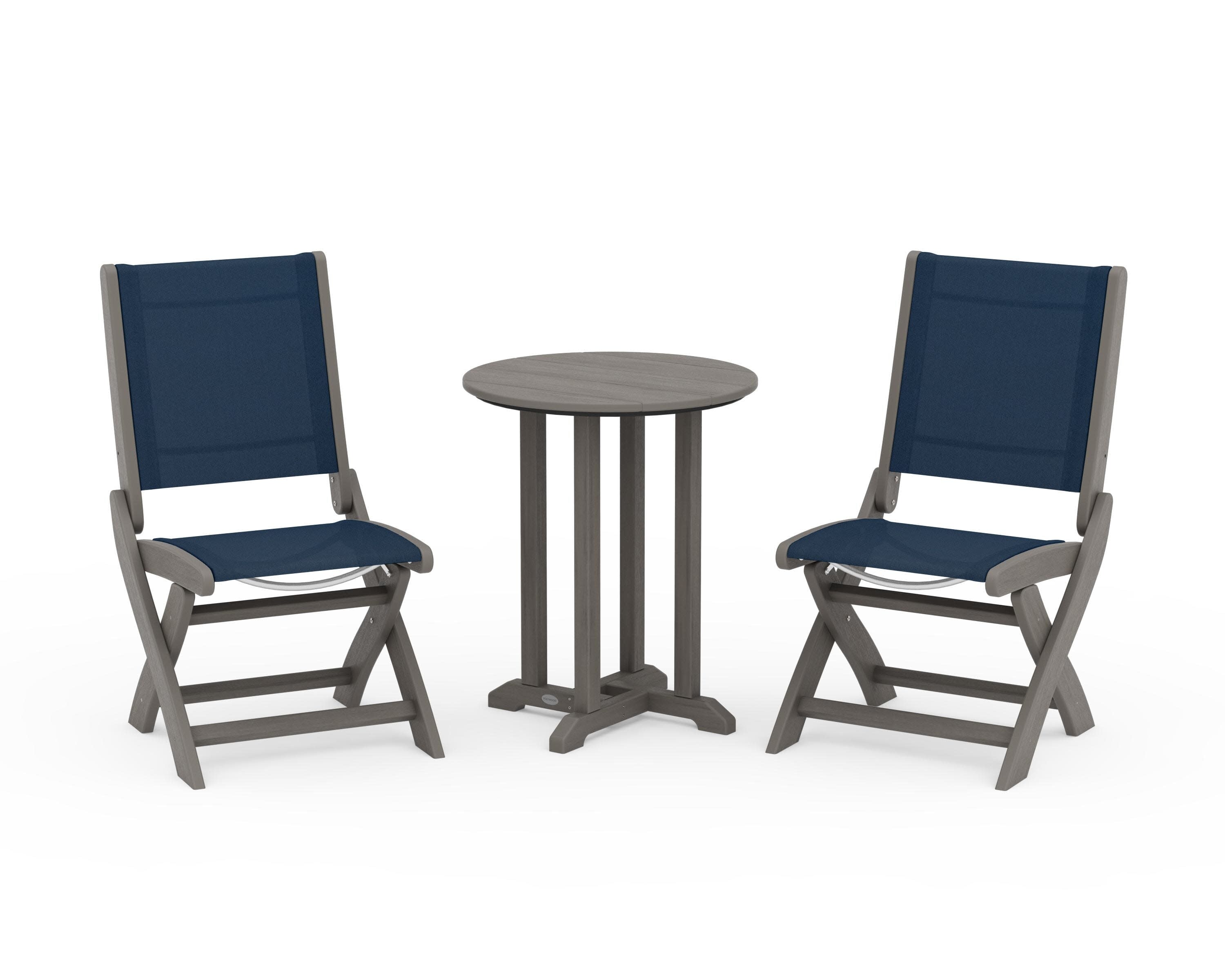 Coastal Folding Side Chair 3-Piece Round Bistro Dining Set in Driftwood / Navy Blue Sling
