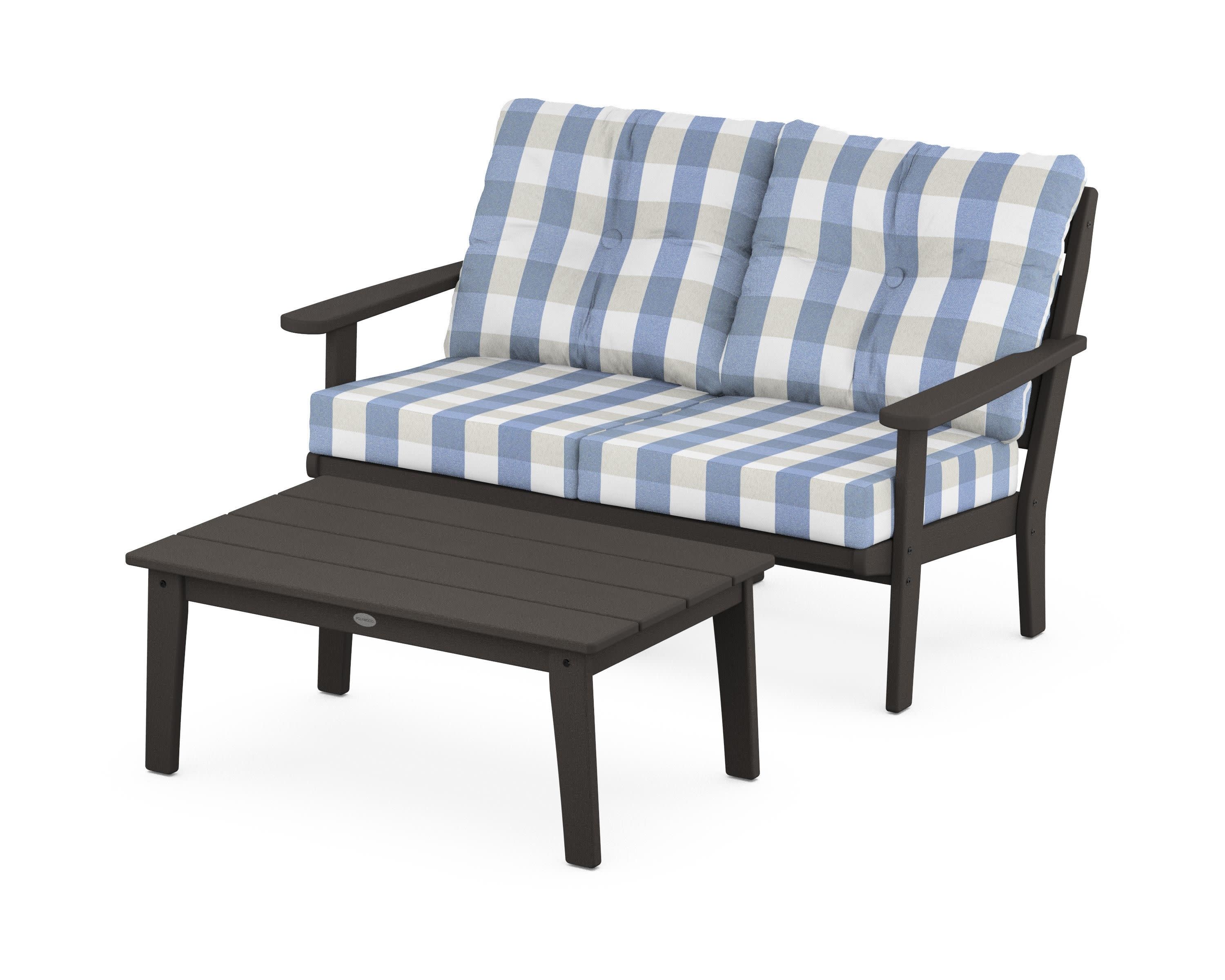 Lakeside 2-Piece Lounge Loveseat Set in Vintage Coffee / Buffalo Plaid Sky Blue