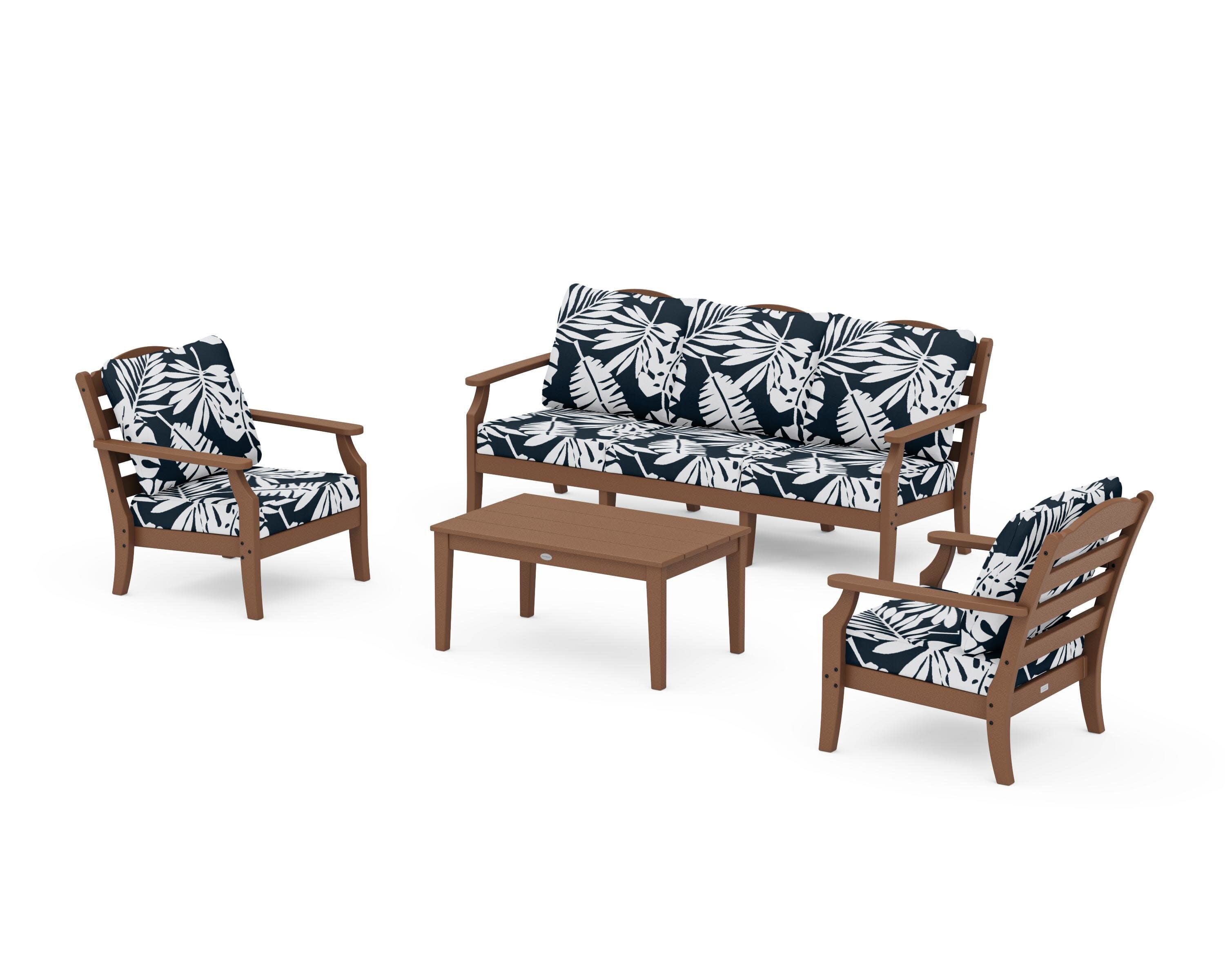 Savannah 4-Piece Deep Seating Set with Sofa in Teak / Leaf Marine Indigo