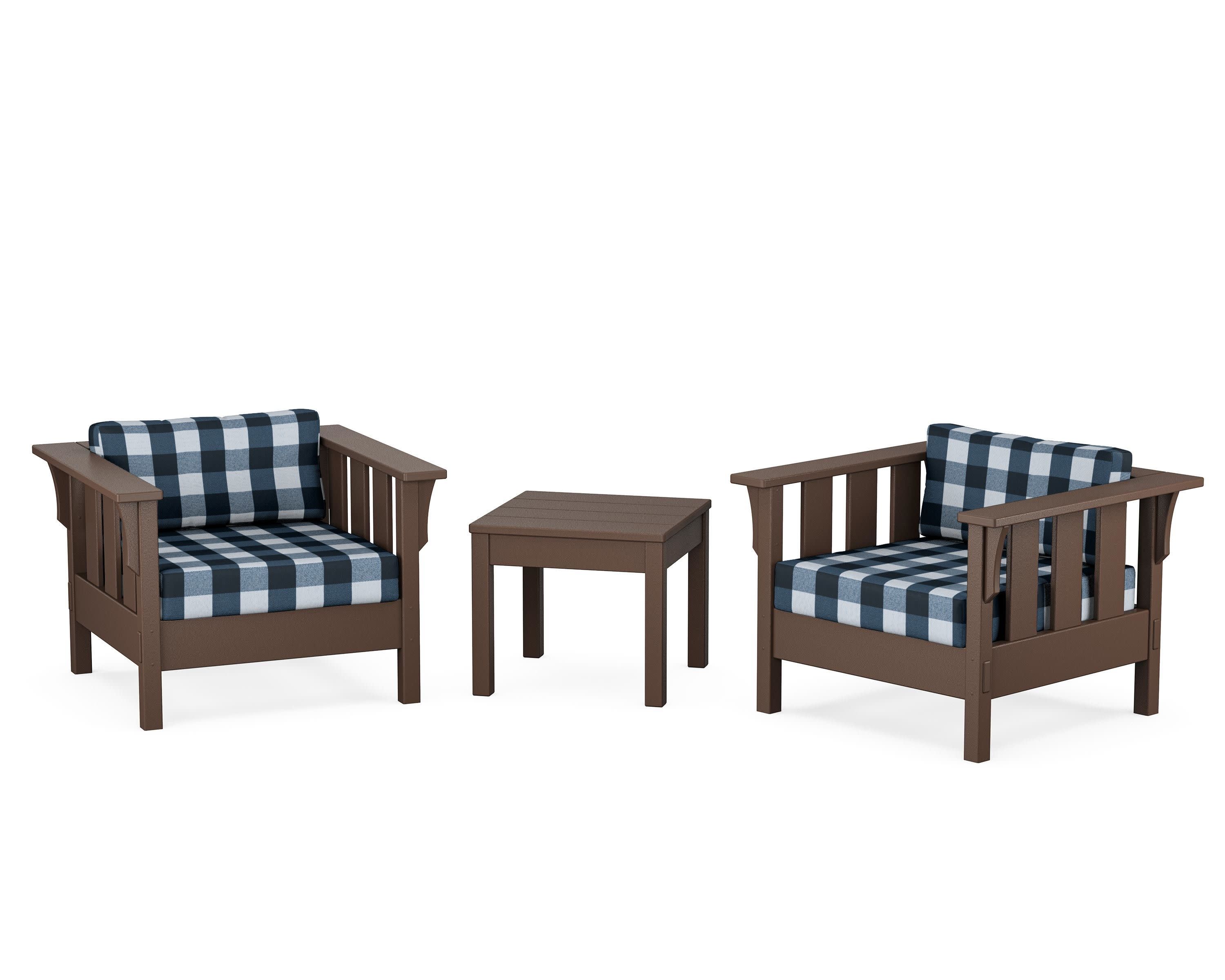 Acadia 3-Piece Deep Seating Set in Mahogany / Buffalo Plaid Marine Indigo