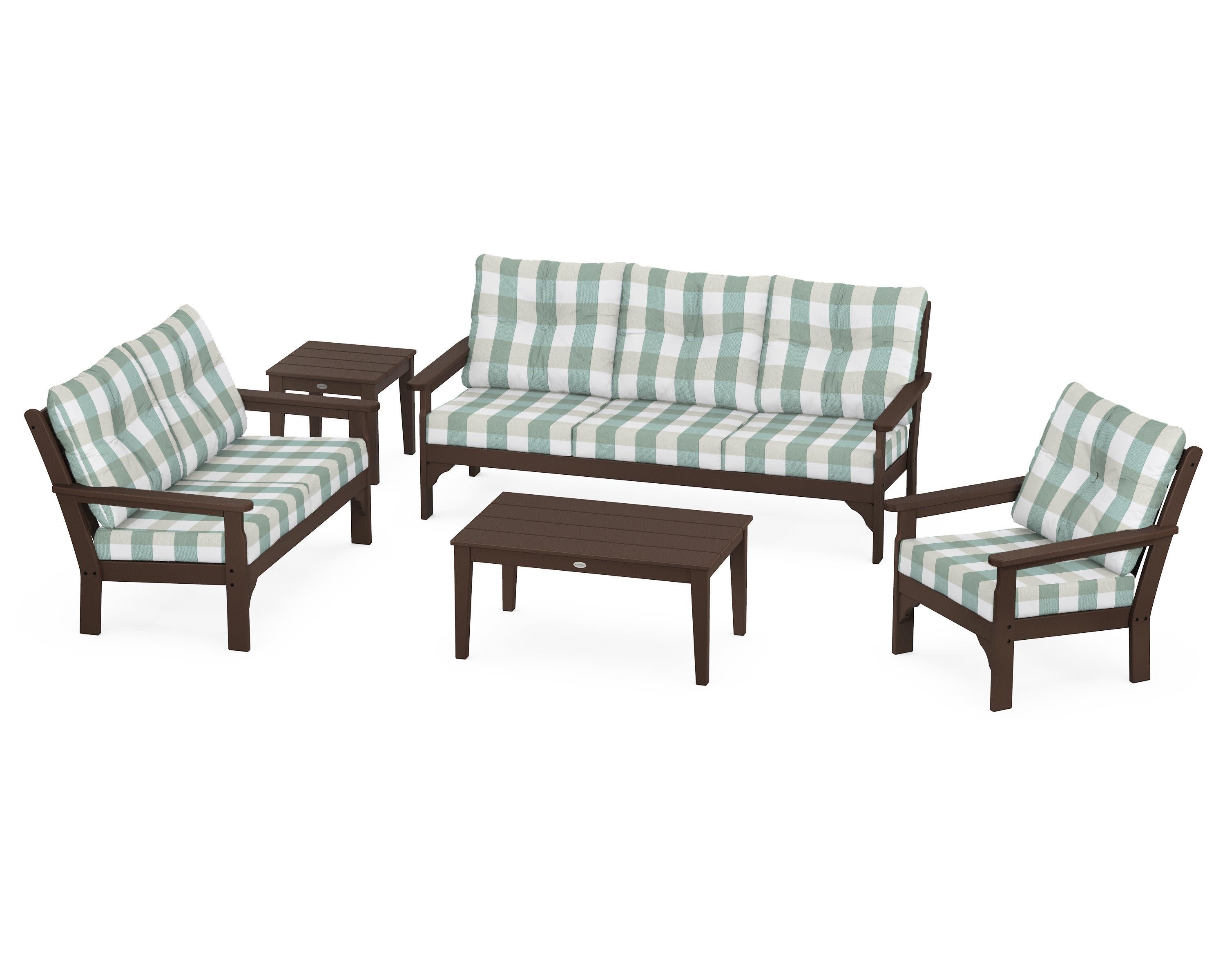 Vineyard 5 Piece Deep Seating Set in Mahogany / Buffalo Plaid Glacier Spa