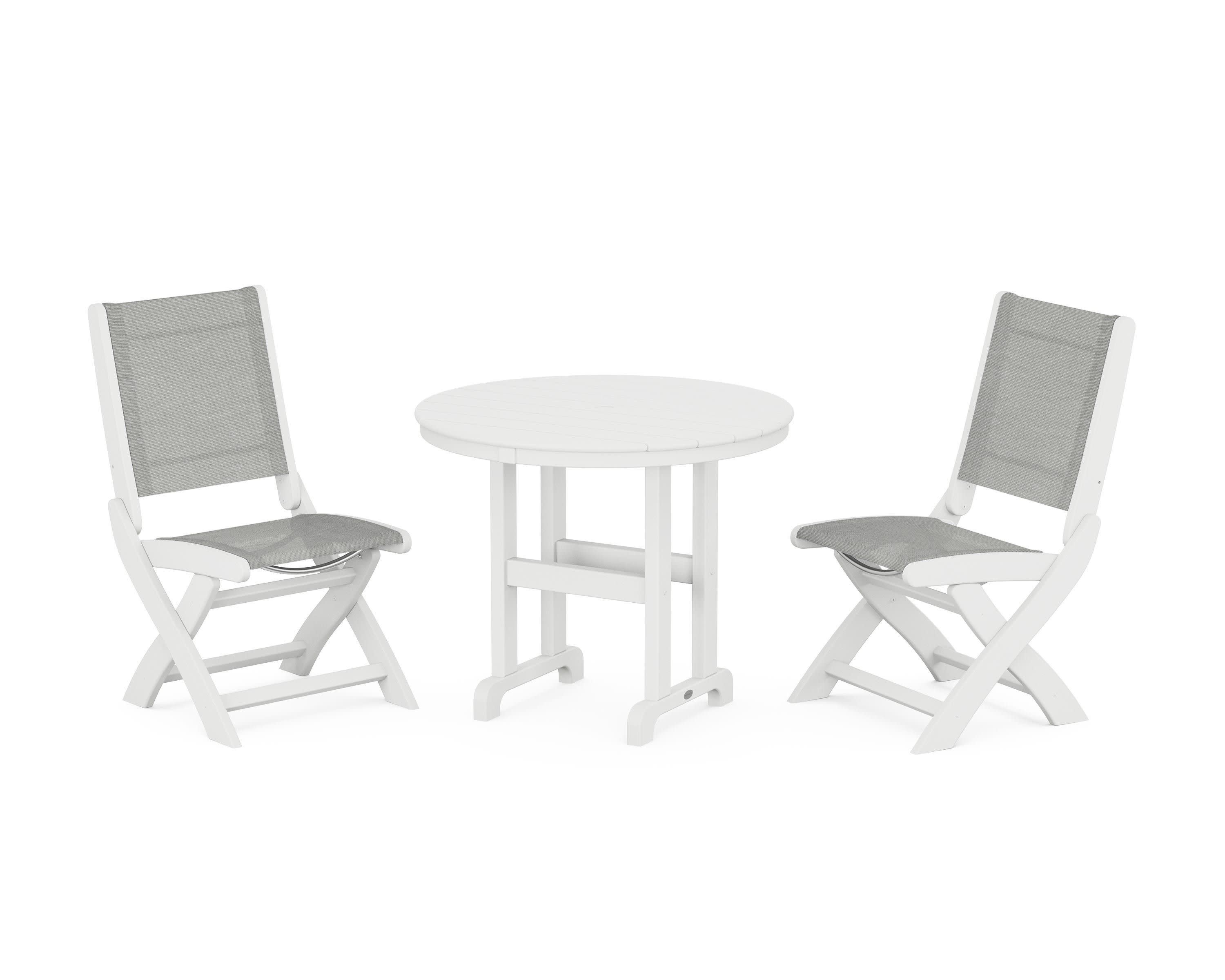 Coastal Folding Side Chair 3-Piece Round Dining Set in White / Metallic Sling