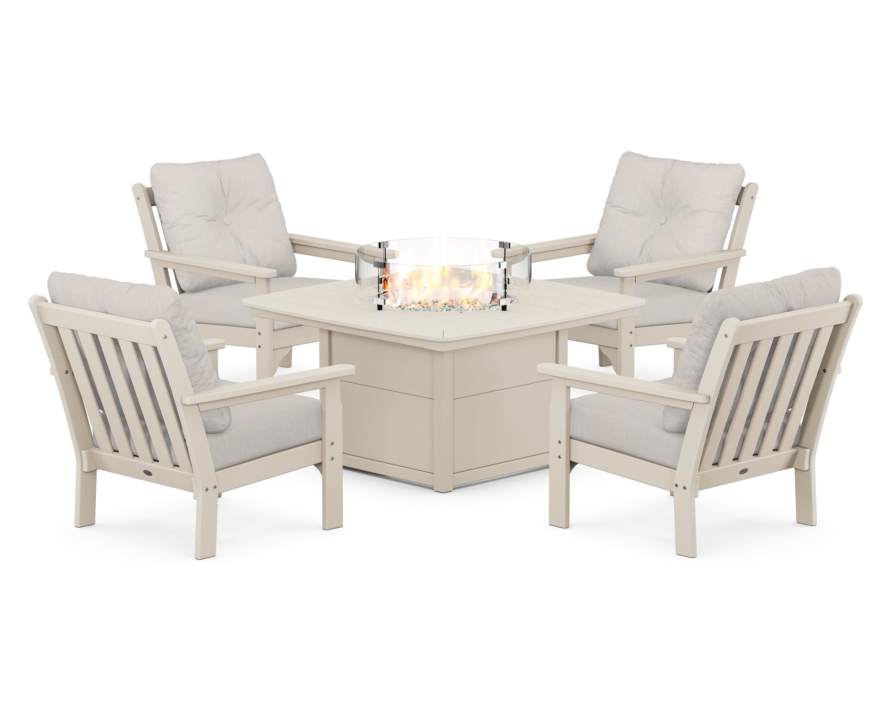 Vineyard 5-Piece Conversation Set with Fire Pit Table in Sand / Cast Ash