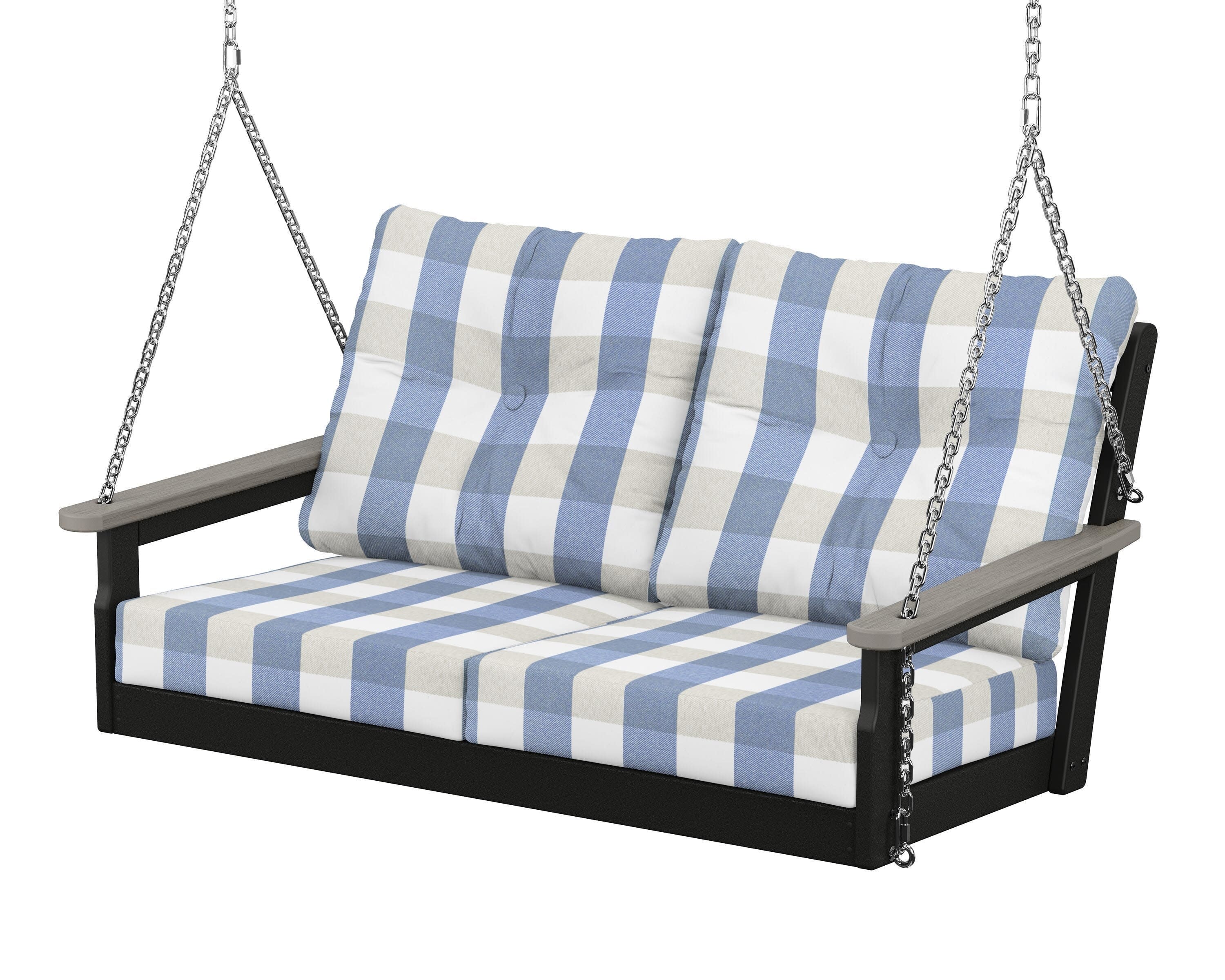 Vineyard Deep Seating Swing in Black / Driftwood / Buffalo Plaid Sky Blue