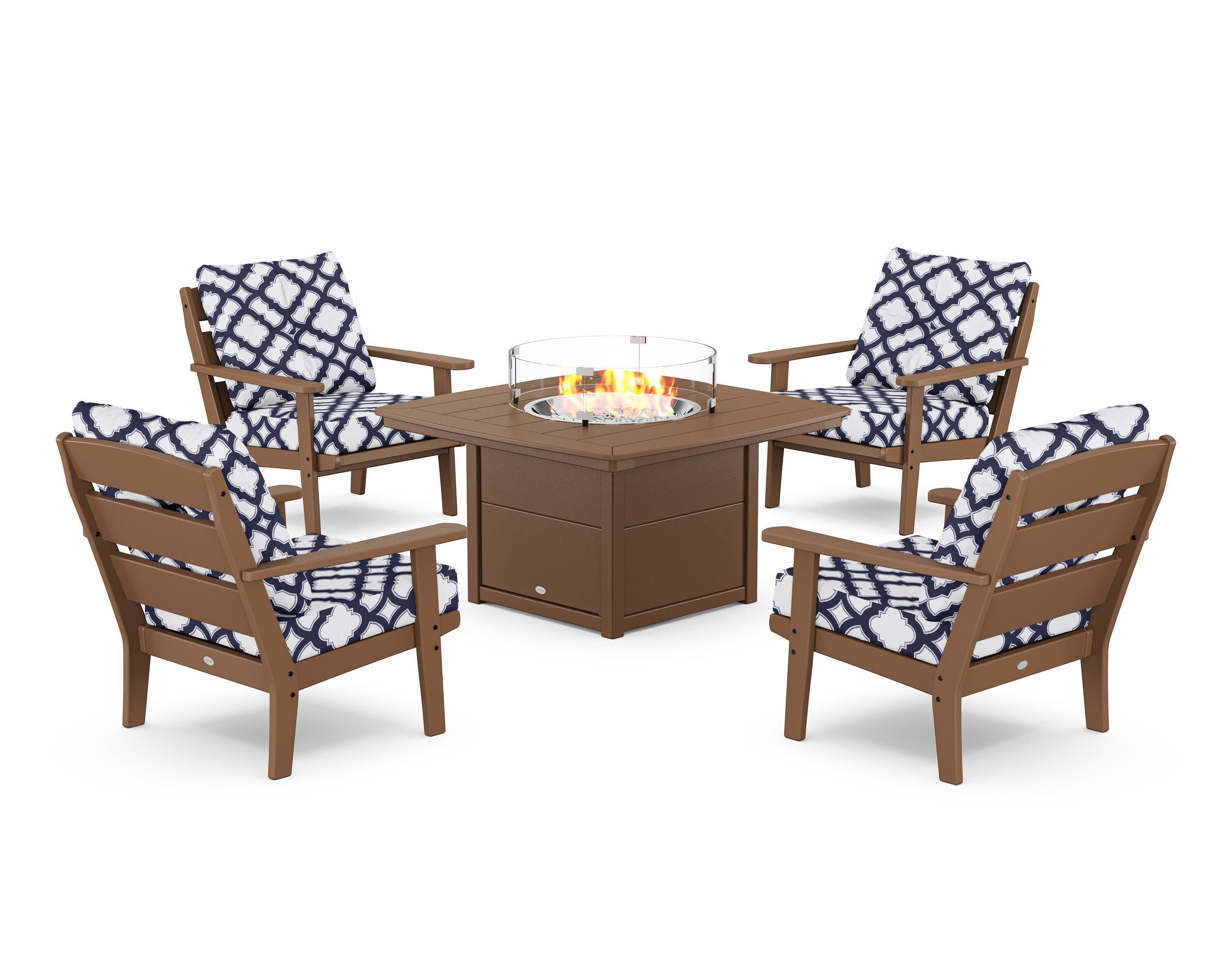Lakeside 5-Piece Deep Seating Set with Nautical Fire Pit Table in Teak / Trellis Navy
