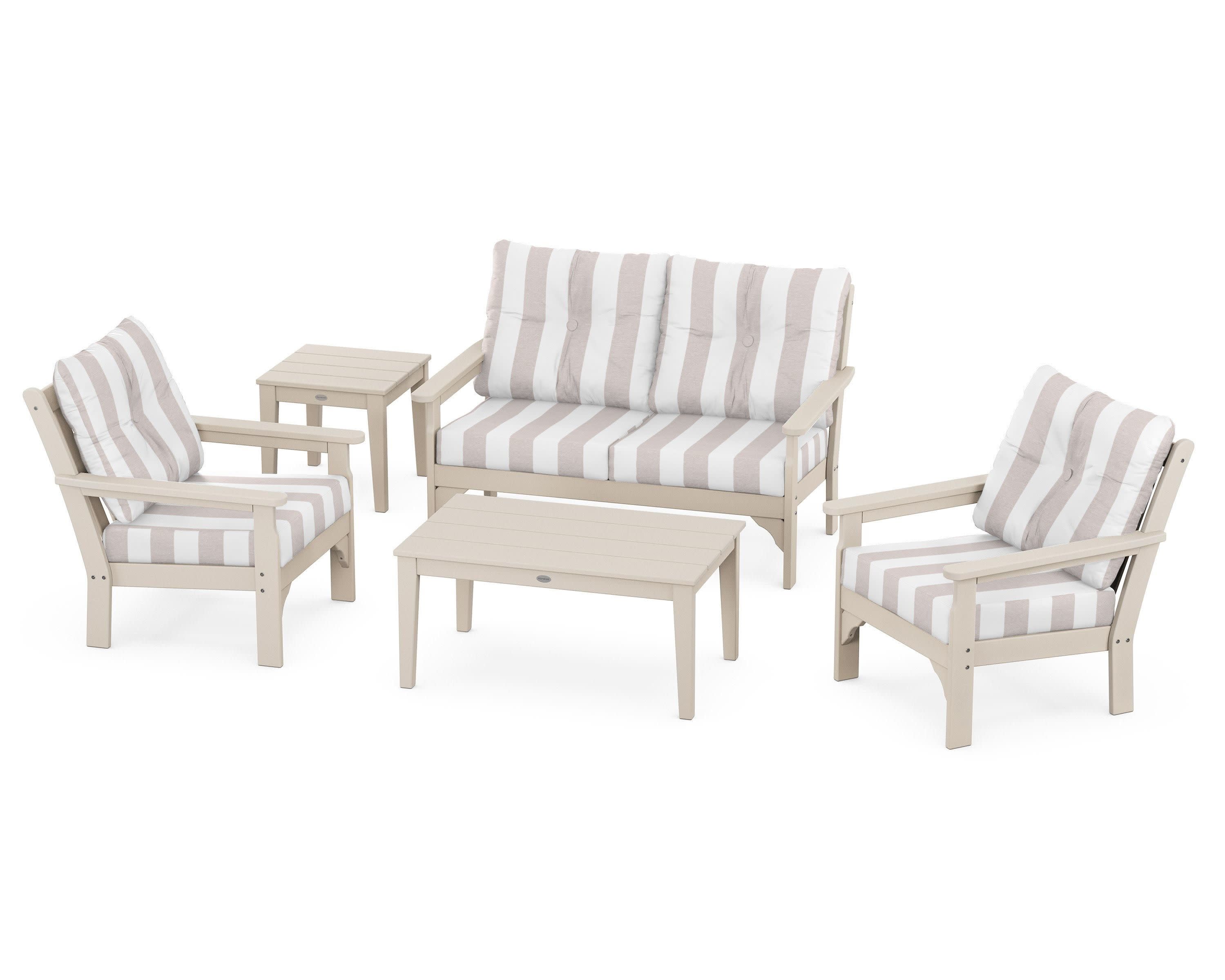 Vineyard 5-Piece Deep Seating Set in Sand / Cabana Stripe Dune Burlap