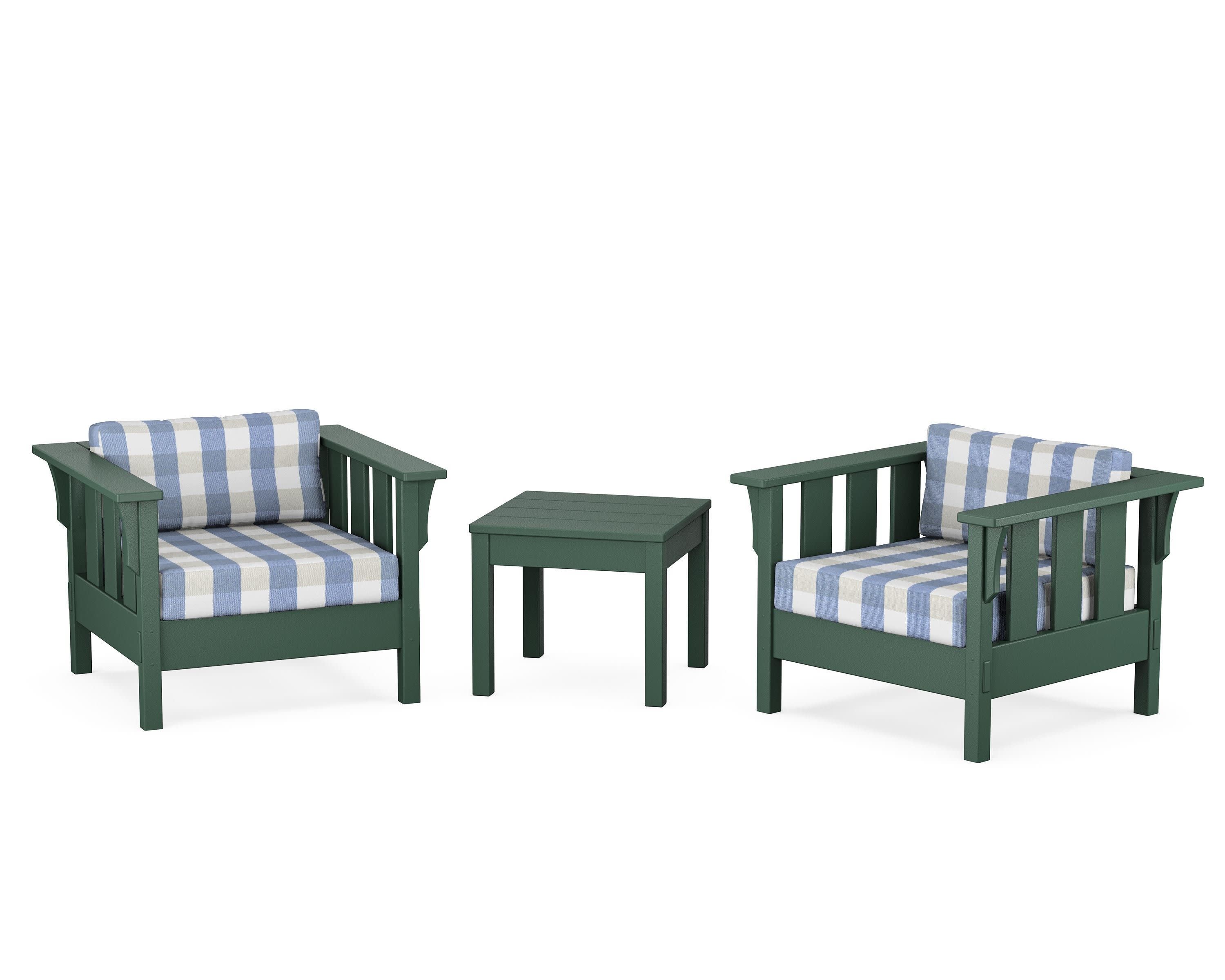 Acadia 3-Piece Deep Seating Set in Green / Buffalo Plaid Sky Blue
